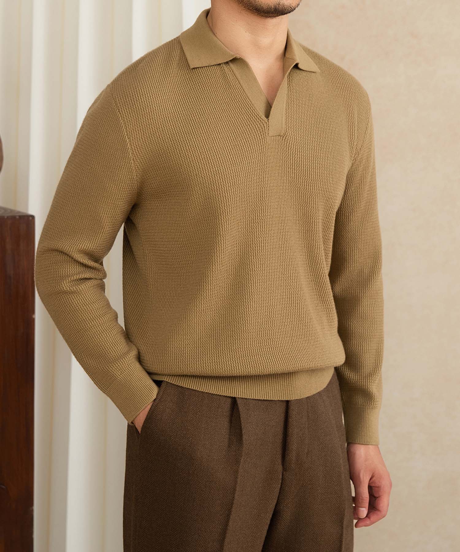 【NEW ITEM】スリムフィット 機能性抜群 襟付き 上品 シワになりにくい スマート トップス ロングスリーブ ポロ リブ ニット セーター