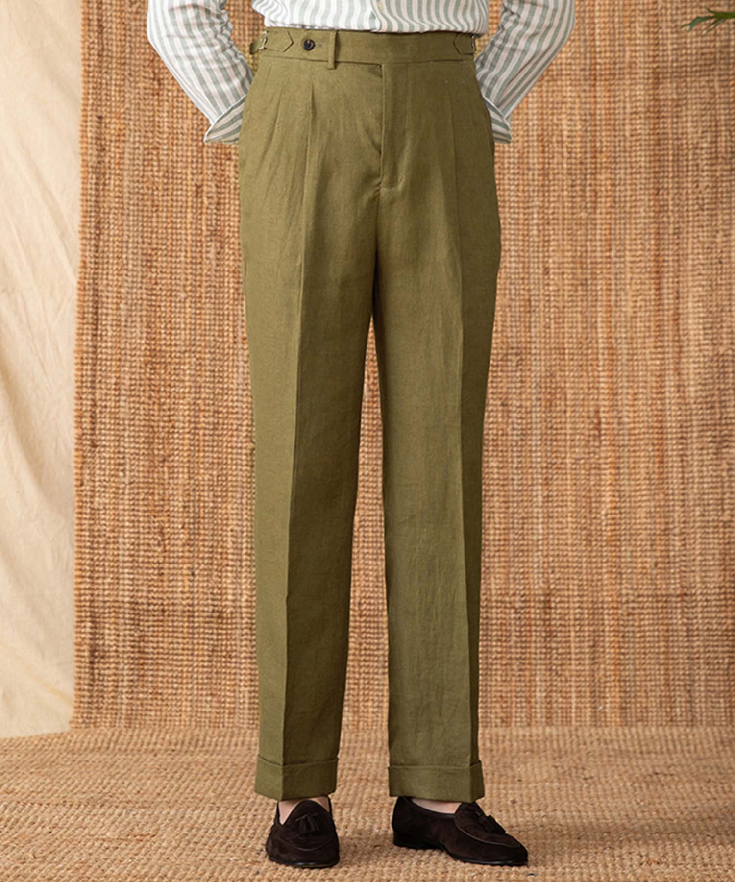 【NEW ITEM】レギュラーフィット 1つボタン ウエストサイドベルト サイズ調整可能 クリース ワイド ストレート トラウザー パンツ シワになりにくい 麻 スラックス ズボン