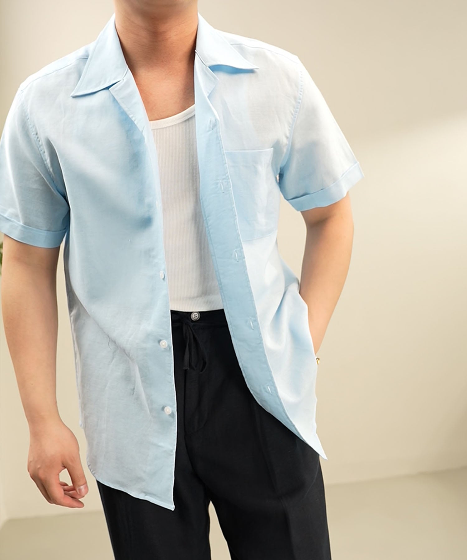 【NEW ITEM】スリムフィット 機能性抜群 胸ポケット 麻 綿 シワになりにくい 清潔感 ベーシック ショートスリーブ 開襟 シャツ
