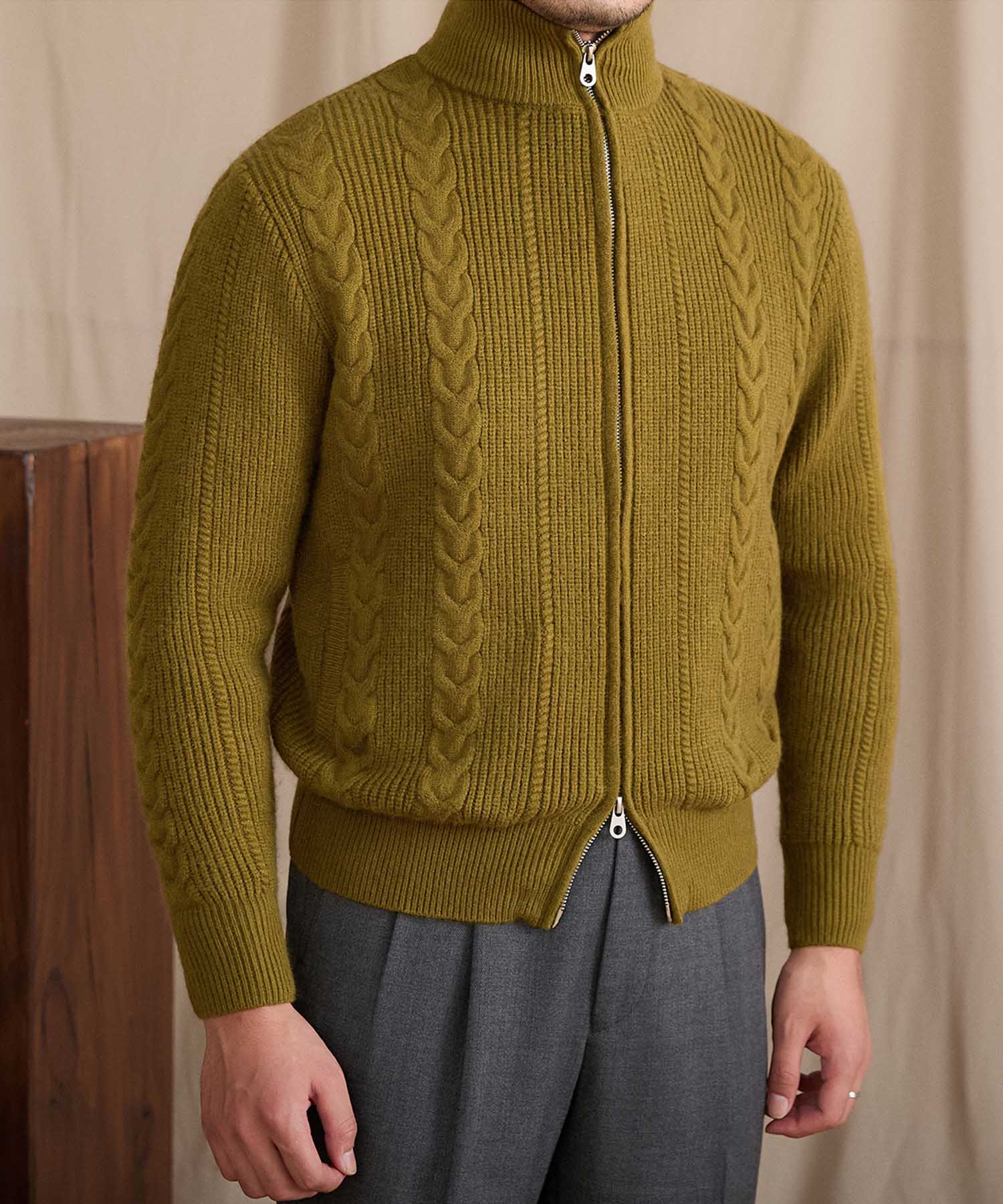 【COMING SOON】スリムフィット 2WAY 機能性抜群 オープン ジップ ケーブル編み シワになりにくい 清潔感 トップス リブ ニット セーター