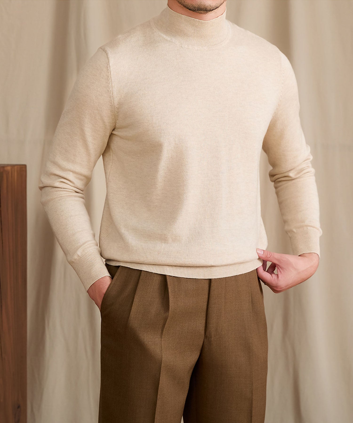 【NEW ITEM】スリムフィット リブ ニット ウール 天然素材 ベーシック 機能性抜群 シワになりにくい モックネック ハイネック ロングスリーブ ニット セーター
