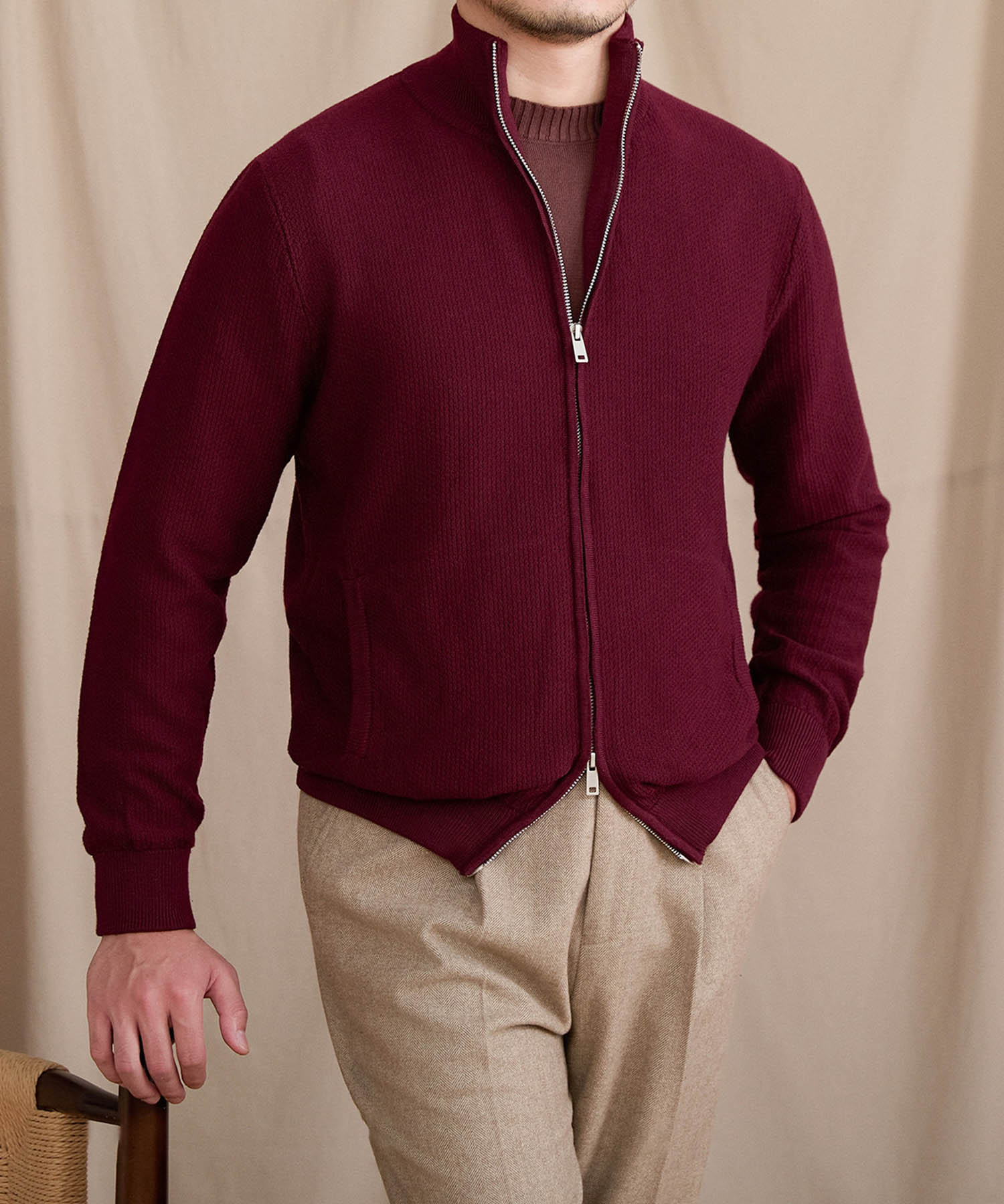 【NEW ITEM】スリムフィット 2WAY 機能性抜群 ウール 天然素材 オープン ジップ ハイゲージ シワになりにくい 清潔感 トップス リブ ニット セーター