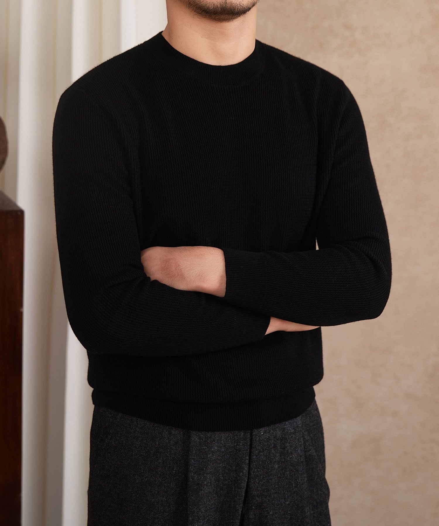 【NEW ITEM】スリムフィット 機能性抜群 ミニマル シワになりにくい 清潔感 トップス ロングスリーブ リブ ニット セーター