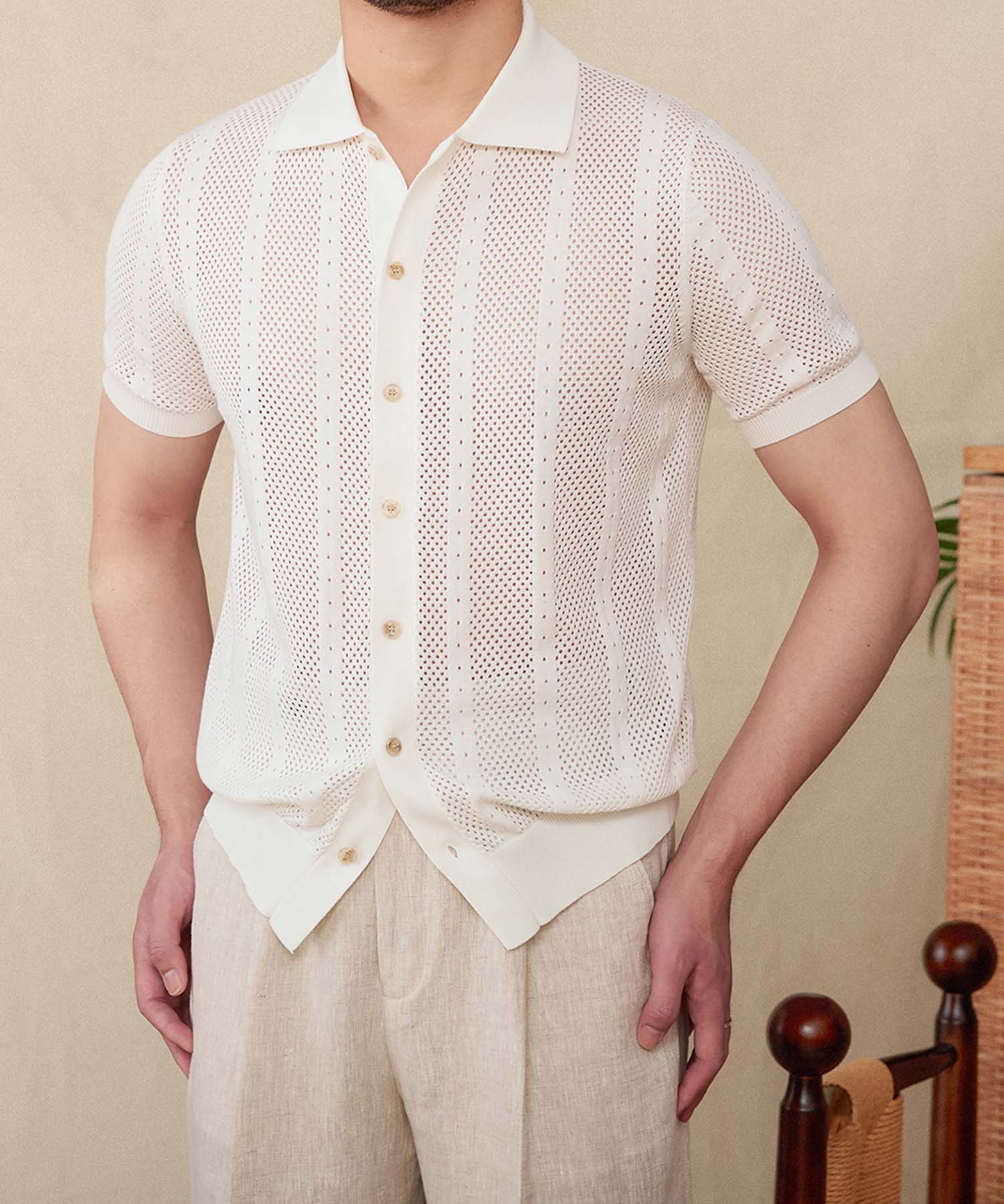 【NEW ITEM】スリムフィット 襟付き ボタン前あき メッシュ パンチング 綿 通気性抜群 シワになりにくい 清潔感 清涼感 トップス シャツ