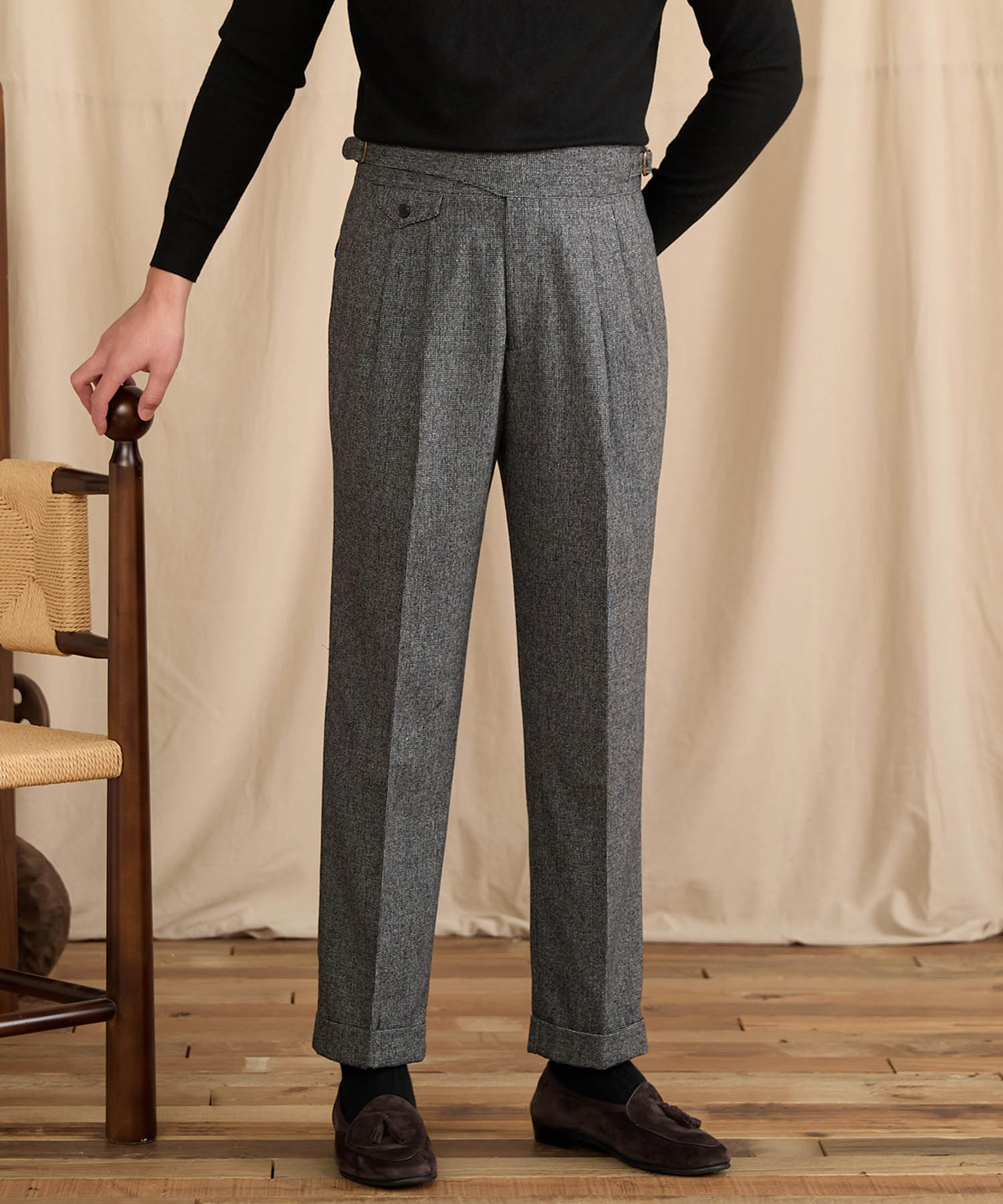 【NEW ITEM】レギュラーフィット 1つボタン ラップウエスト サイズ調整可能 ウール ハイウエスト コインポケット クリース クラシック シワになりにくい ダブル トラウザー パンツ スラックス ズボン