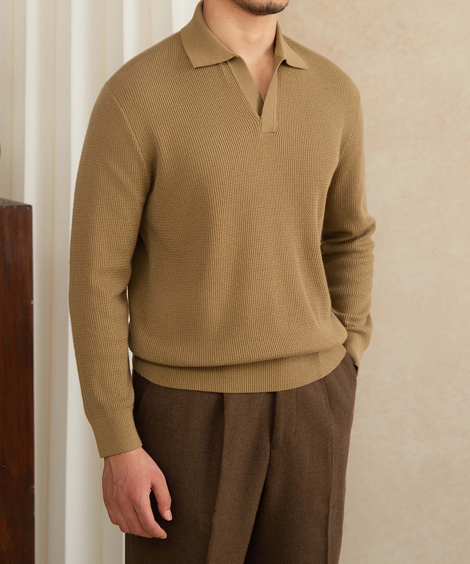 【NEW ITEM】スリムフィット 機能性抜群 襟付き 上品 シワになりにくい スマート トップス ロングスリーブ ポロ リブ ニット セーター