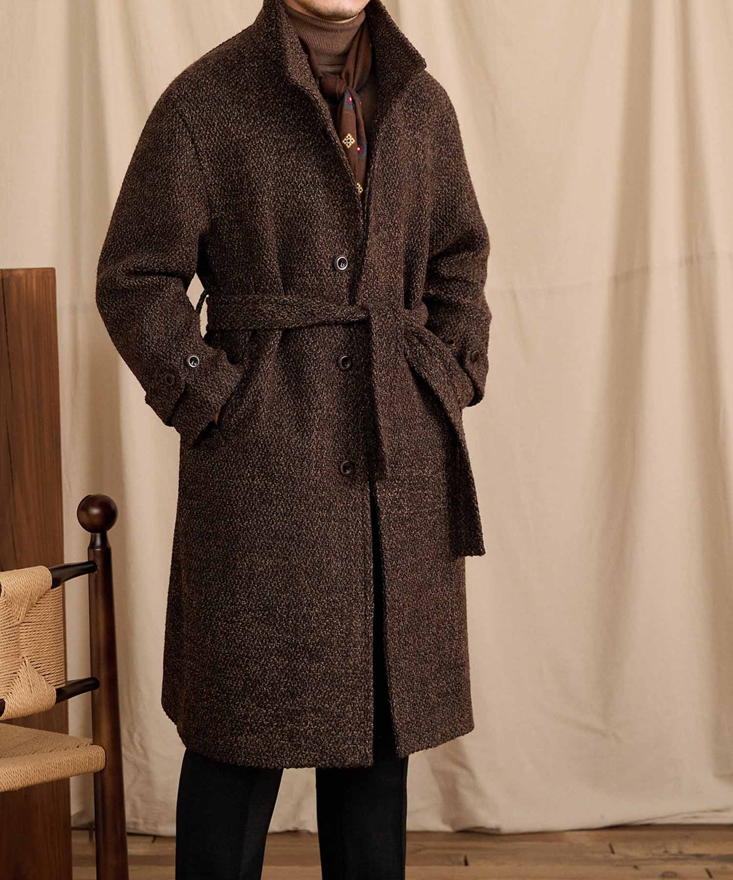 【NEW ITEM】レギュラーフィット 5つボタン ウール スタンドカラー 機能性抜群 防風性 シワになりにくい エレガント アウター ベルテッド ロング コート