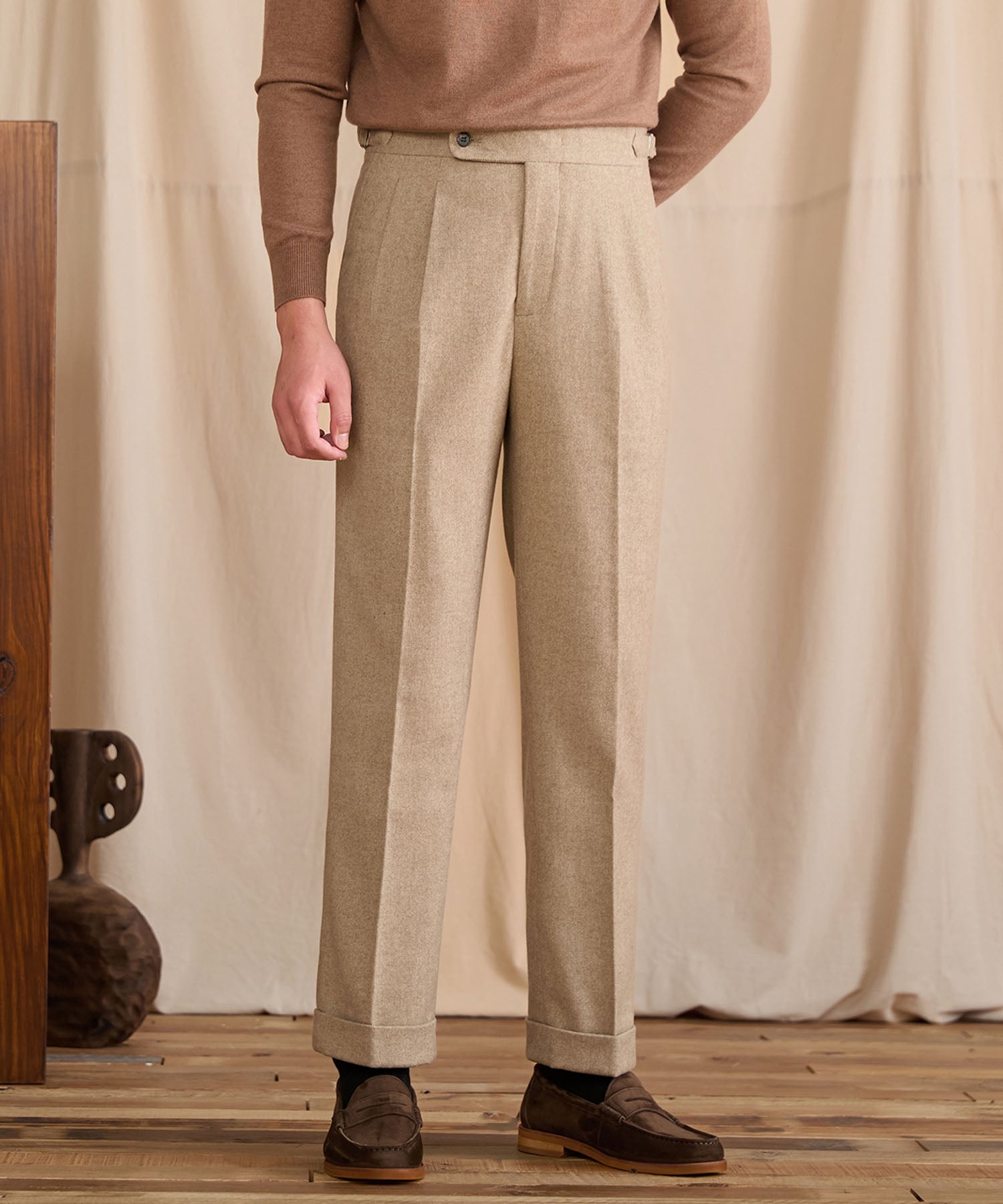 【COMING SOON】スリムフィット 1つボタン ウエストサイドベルト サイズ調整可能 ウール 保温性抜群 ツータック クリース シワになりにくい ダブル トラウザー パンツ スラックス ズボン