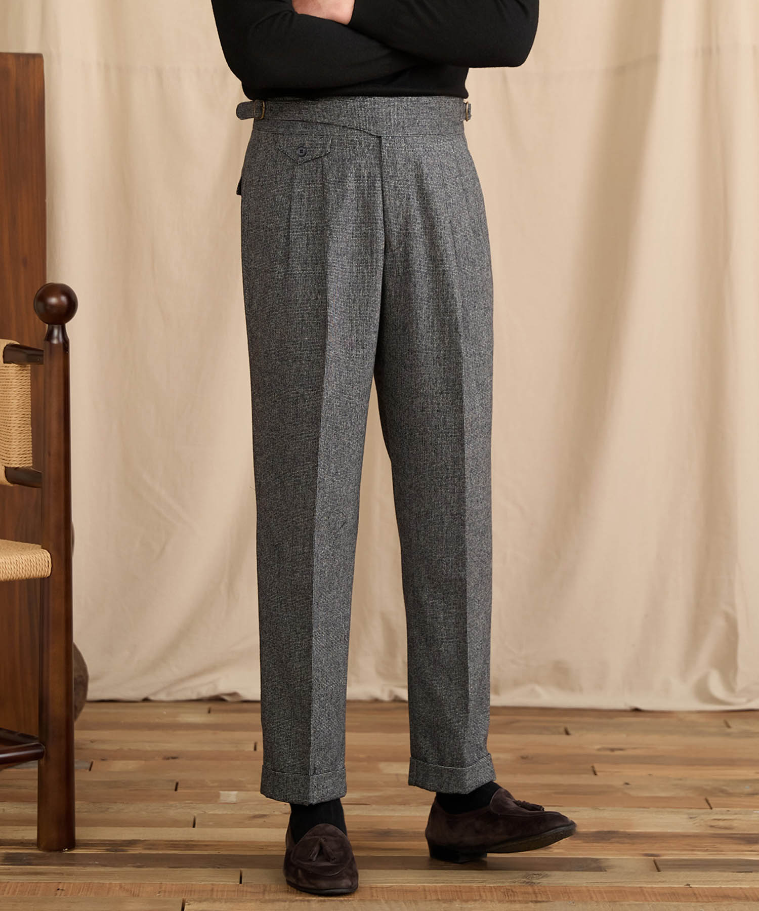【NEW ITEM】レギュラーフィット 1つボタン ラップウエスト サイズ調整可能 ウール ハイウエスト コインポケット クリース クラシック シワになりにくい ダブル トラウザー パンツ スラックス ズボン