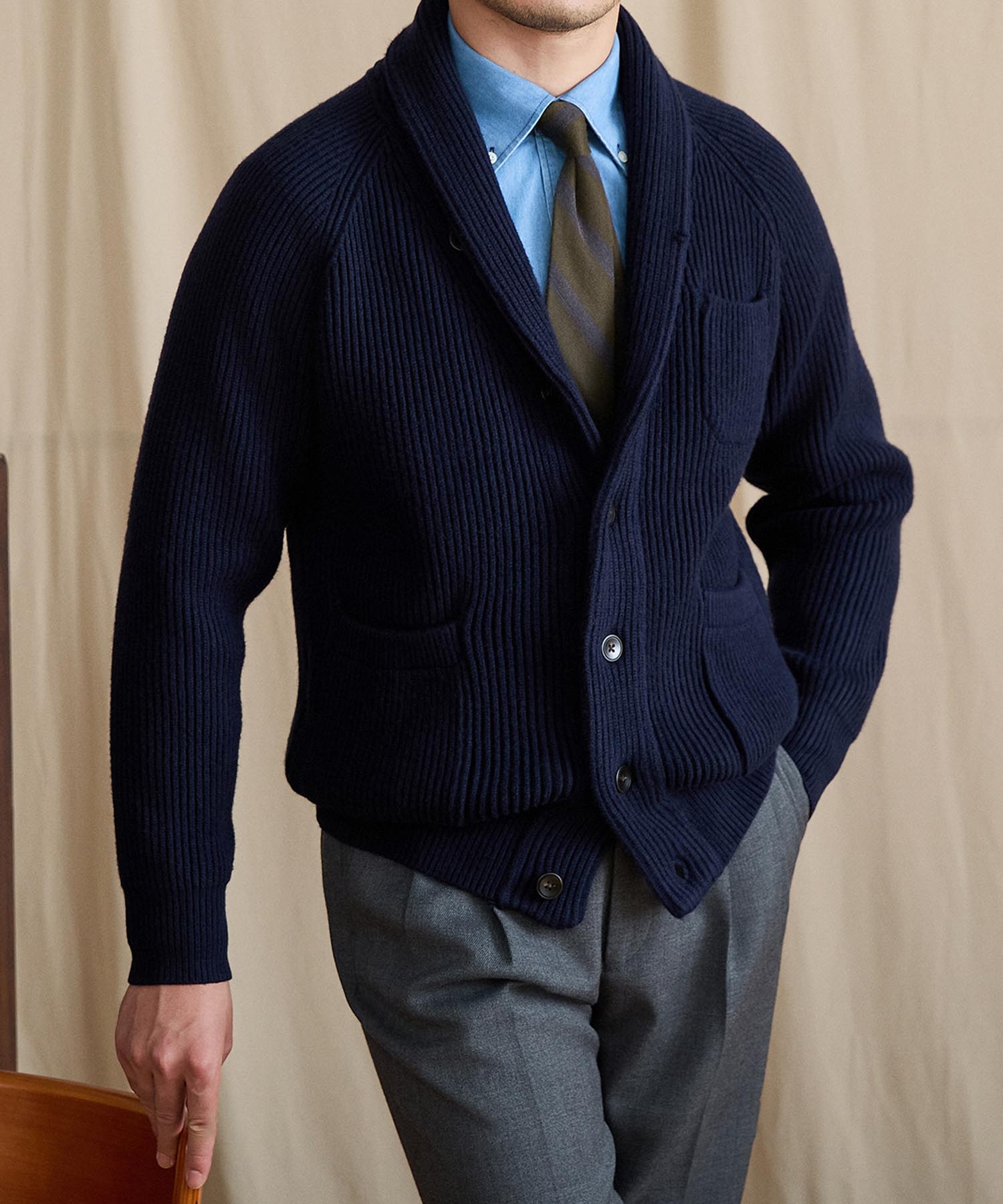 【NEW ITEM】スリムフィット 2WAY 機能性抜群 ウール 天然素材 ショールカラー ローゲージ シワになりにくい 清潔感 トップス リブ ニット セーター