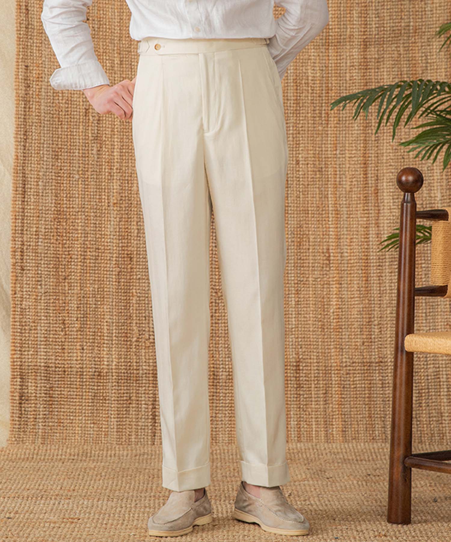 【NEW ITEM】レギュラーフィット 1つボタン ウエストサイドベルト サイズ調整可能 ストレート トラウザー パンツ シワになりにくい クラシック 麻 ダブル スラックス ズボン