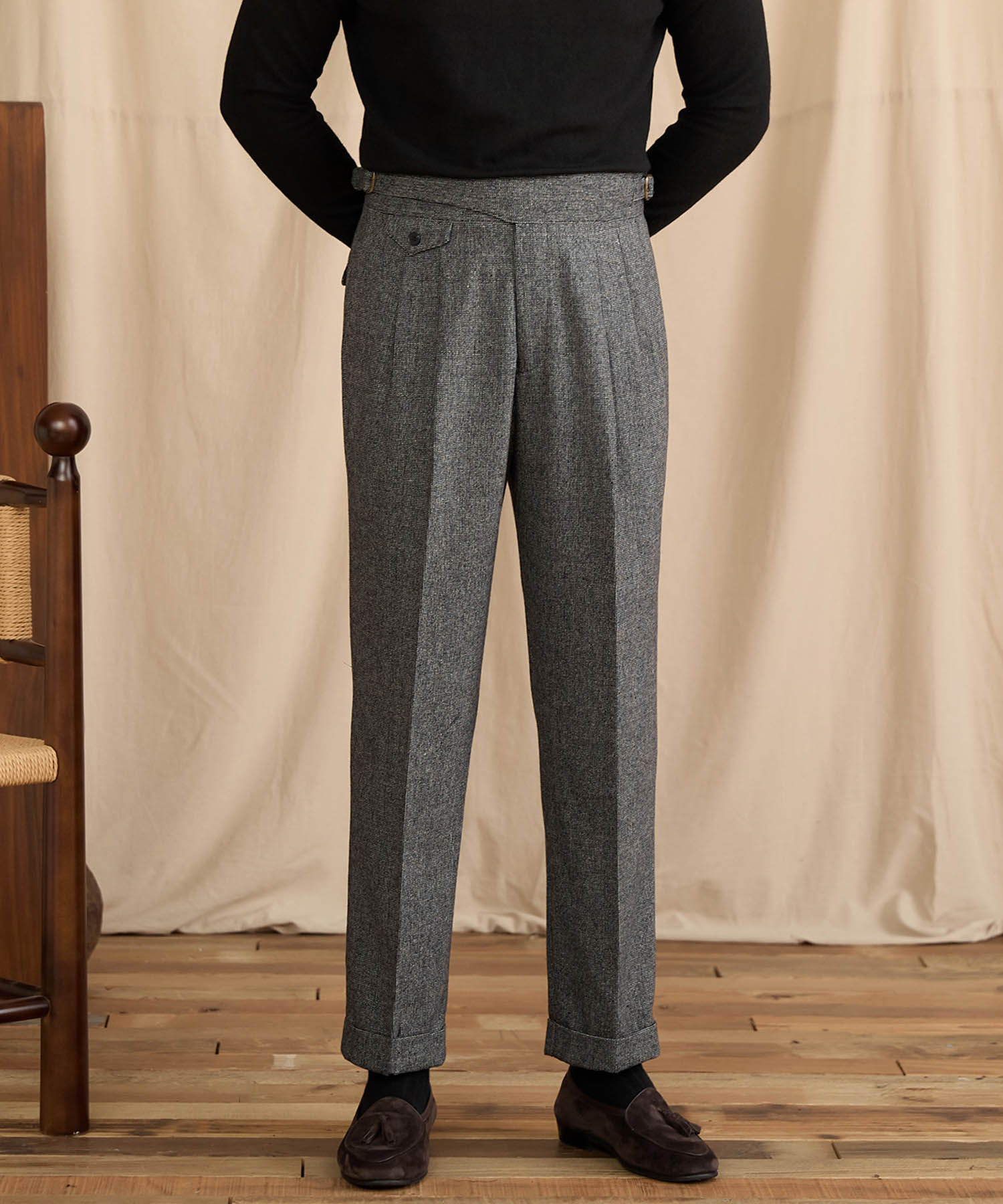 【NEW ITEM】レギュラーフィット 1つボタン ラップウエスト サイズ調整可能 ウール ハイウエスト コインポケット クリース クラシック シワになりにくい ダブル トラウザー パンツ スラックス ズボン