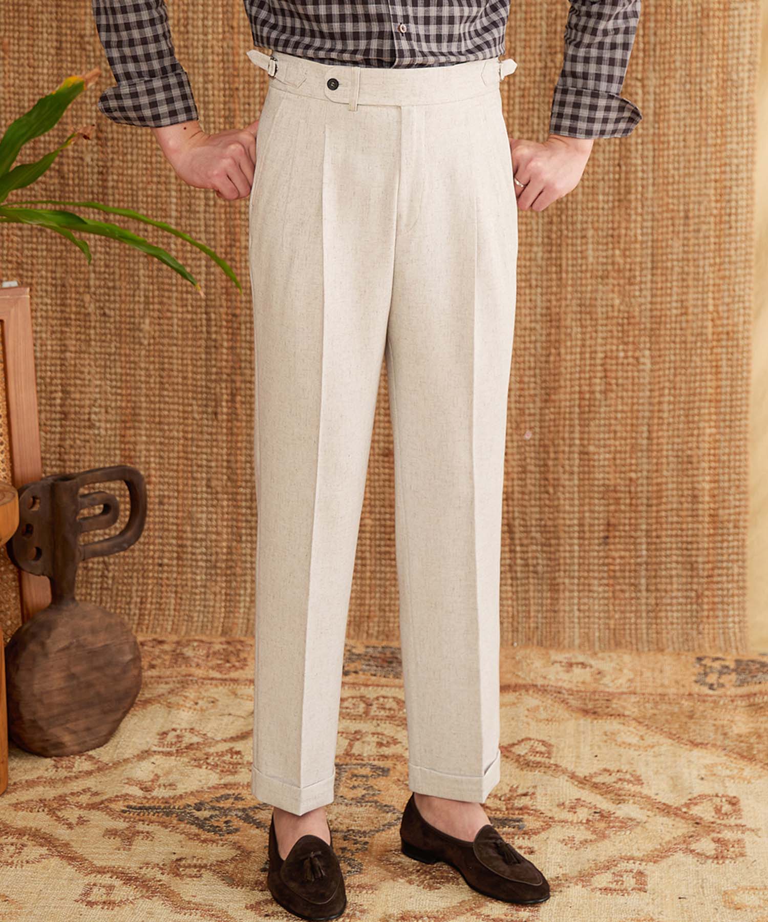 【NEW ITEM】スリムフィット 1つボタン ウエストベルト サイズ調整可能 麻 異素材 杢 ツータック クリース シワになりにくい ダブル トラウザー パンツ スラックス ズボン