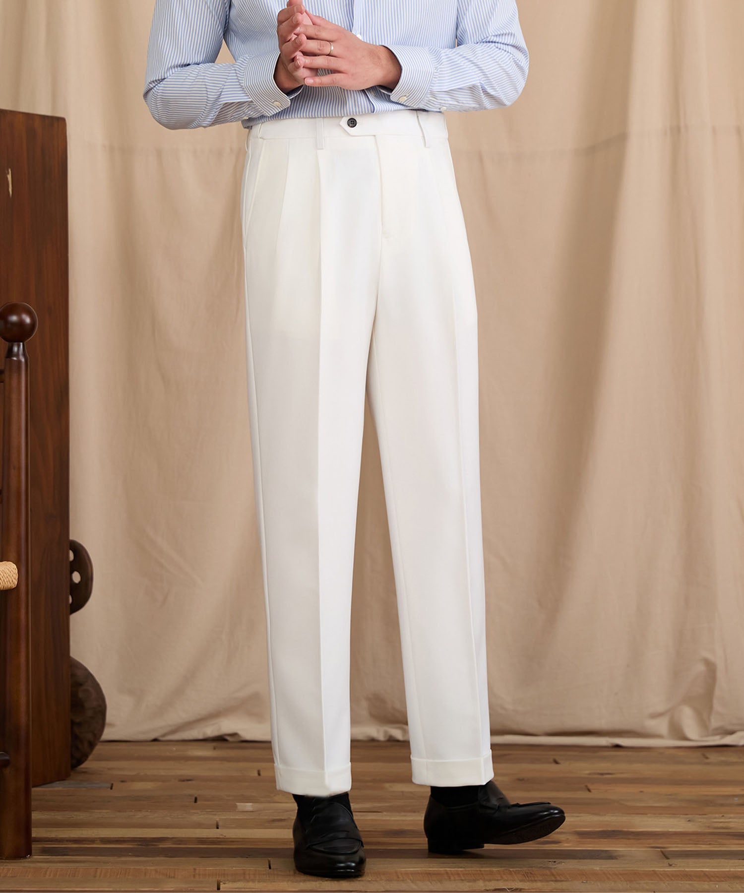 【NEW ITEM】レギュラーフィット 1つボタン ツータック クリース シワになりにくい モダン クラシック ダブル トラウザー パンツ スラックス ズボン