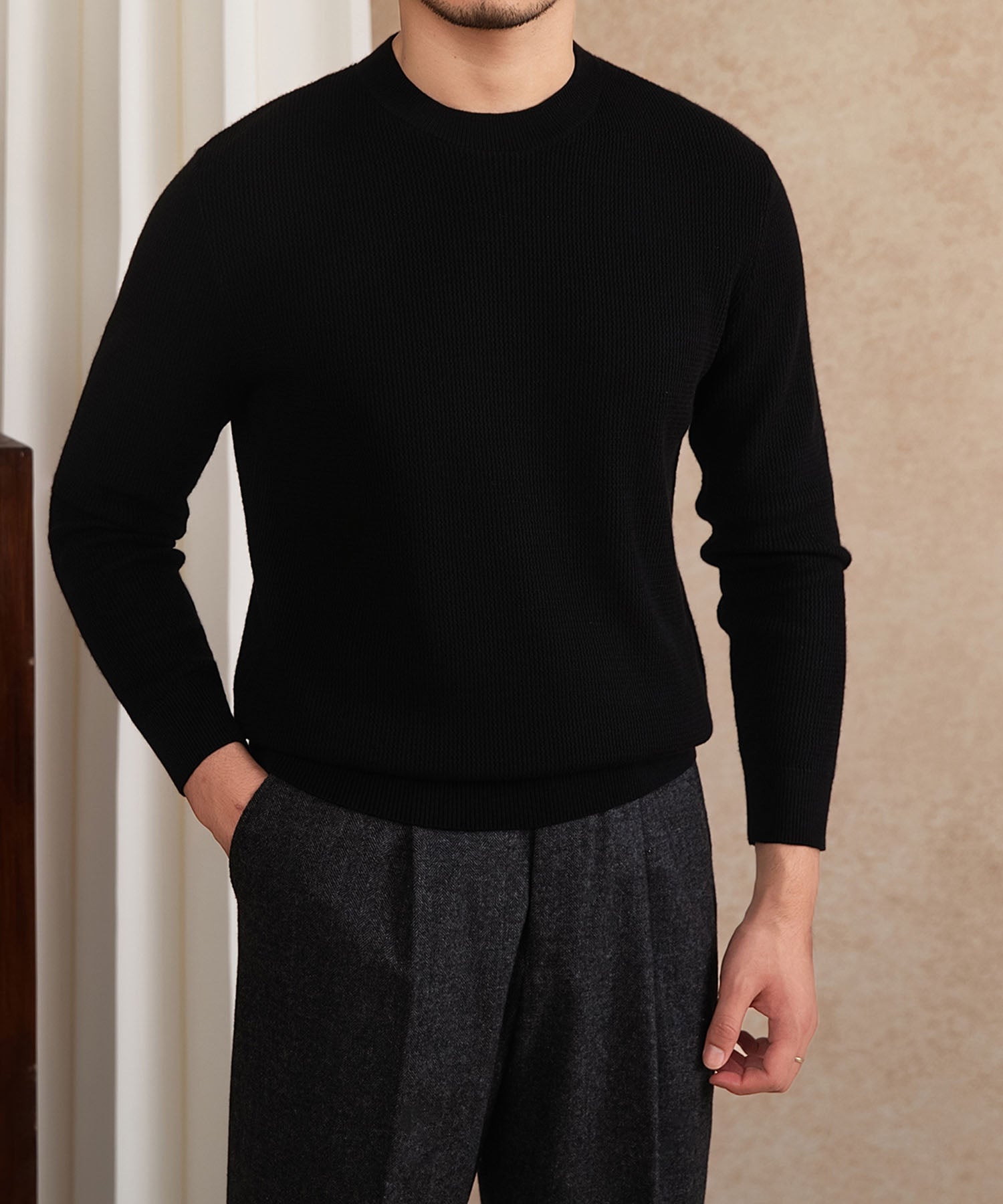 【NEW ITEM】スリムフィット 機能性抜群 ミニマル シワになりにくい 清潔感 トップス ロングスリーブ リブ ニット セーター