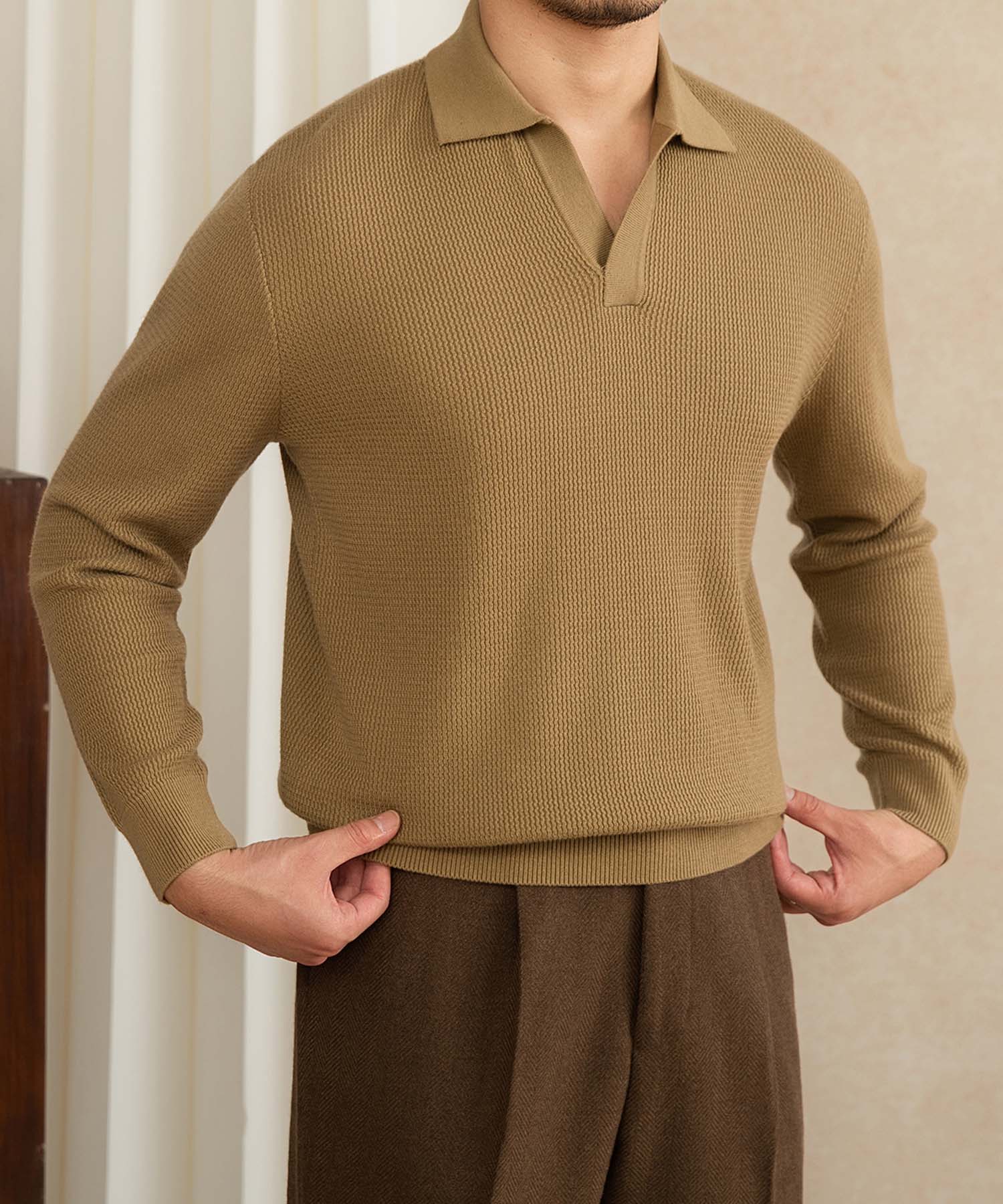 【NEW ITEM】スリムフィット 機能性抜群 襟付き 上品 シワになりにくい スマート トップス ロングスリーブ ポロ リブ ニット セーター