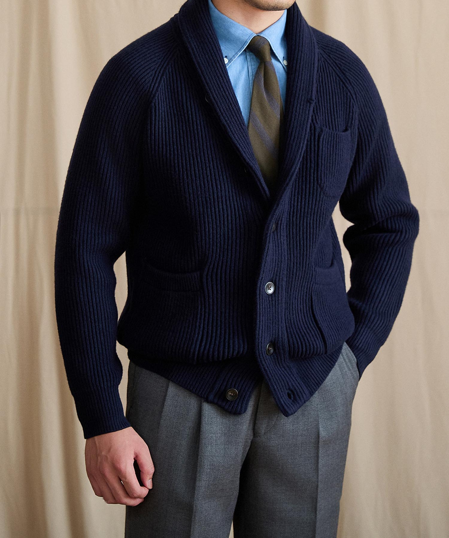 【NEW ITEM】スリムフィット 2WAY 機能性抜群 ウール 天然素材 ショールカラー ローゲージ シワになりにくい 清潔感 トップス リブ ニット セーター