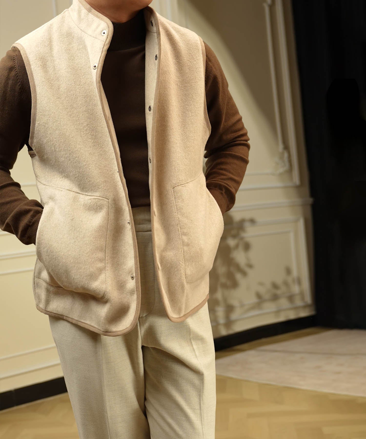 【COMING SOON】スリムフィット 1つボタン ラップウエスト ベルトレス タック クリース エレガント シワになりにくい ダブル トラウザー パンツ スラックス ズボン