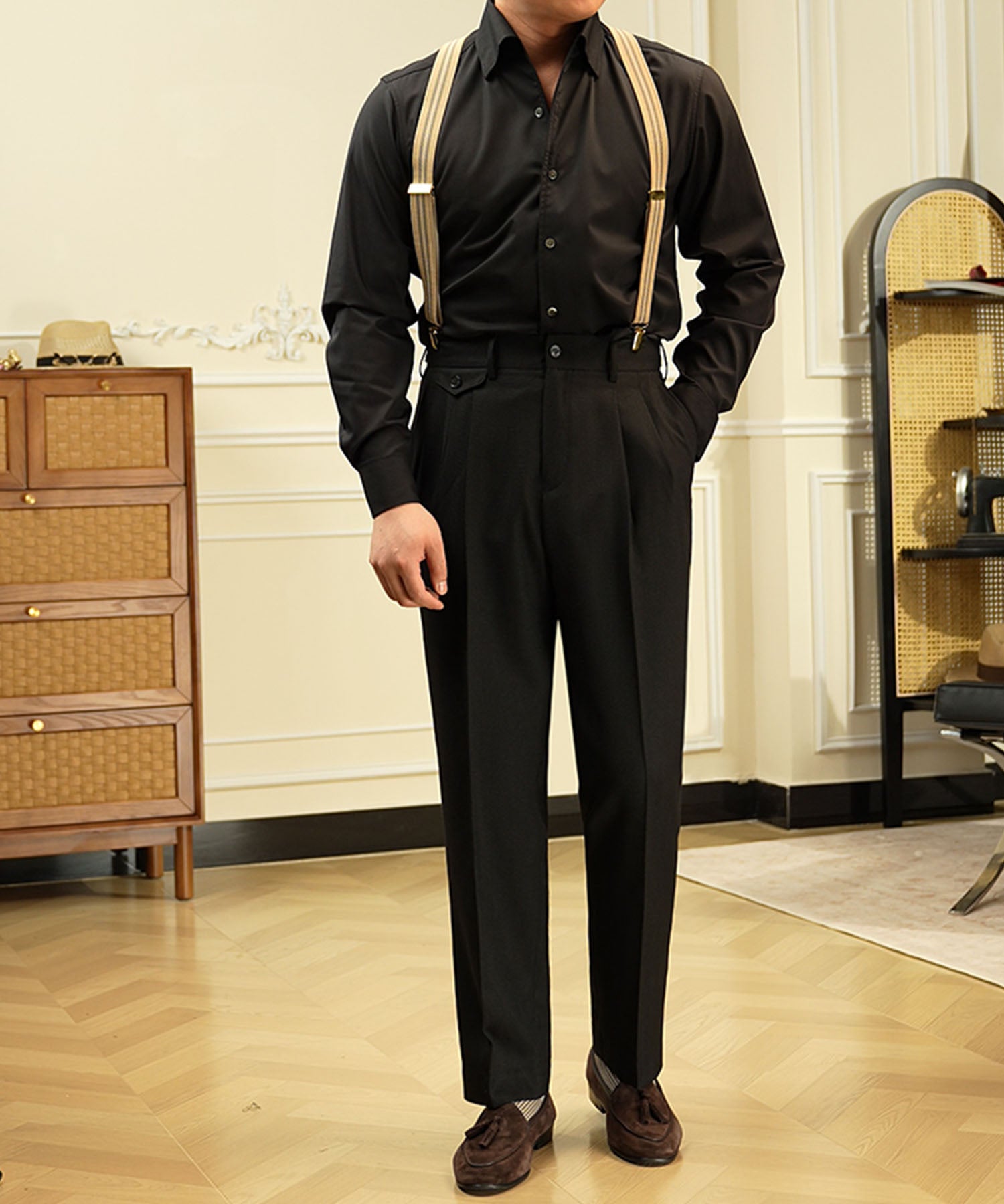 スリムフィット ベルトループ コインポケット クリース ツータック シワになりにくい クラシック ダブル トラウザー パンツ スラックス ズボン