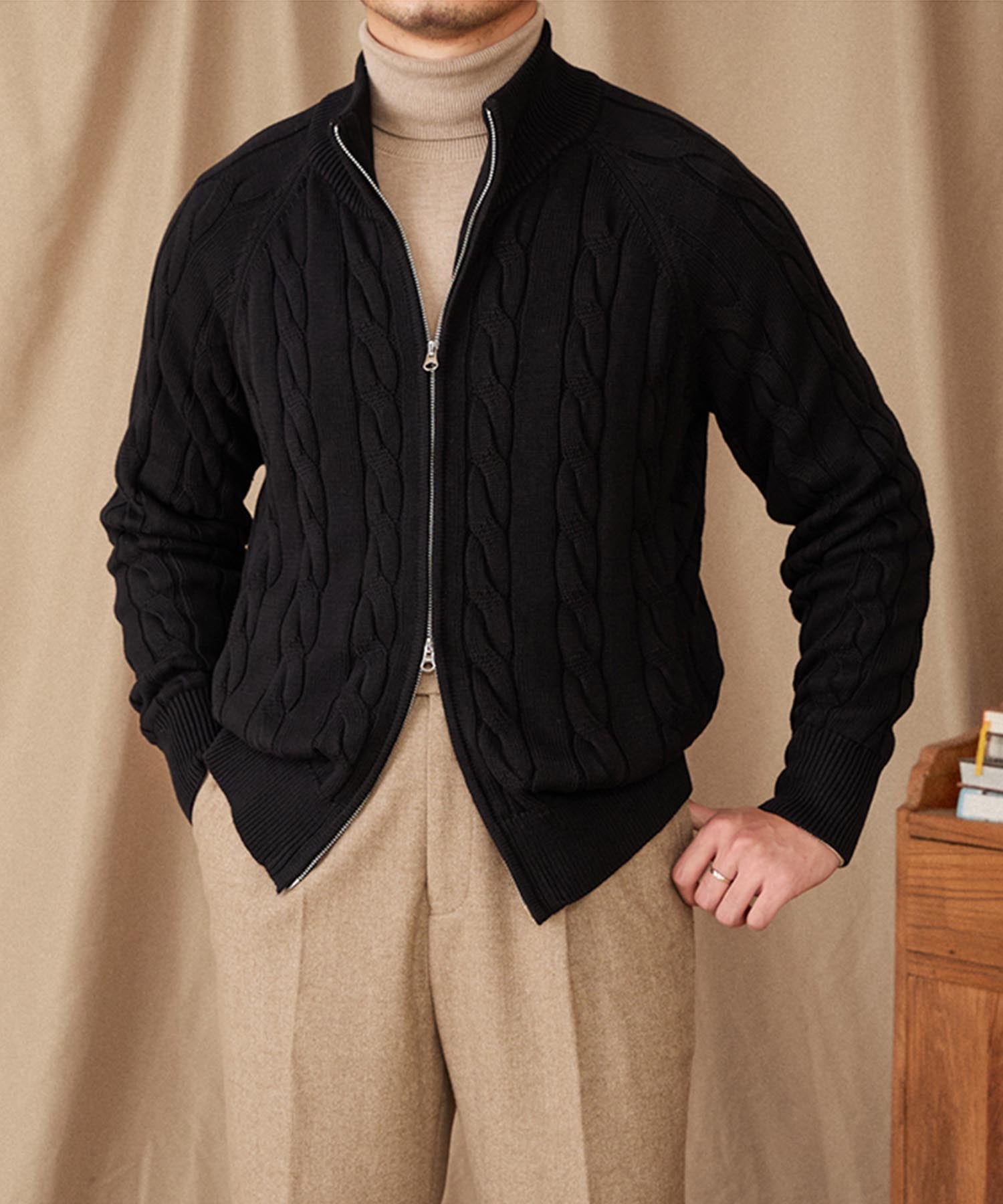 【NEW ITEM】スリムフィット 2WAY 機能性抜群 綿 天然素材 オープン ジップ ケーブル編み シワになりにくい 清潔感 トップス リブ ニット セーター