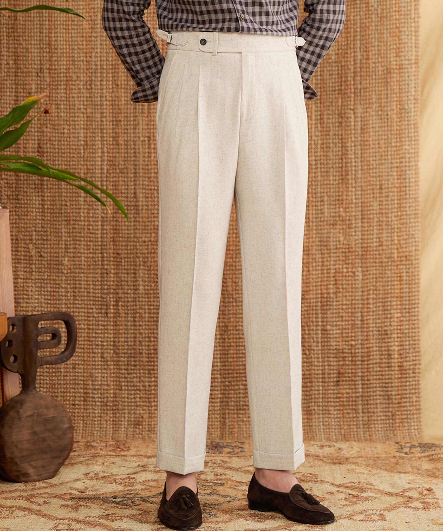【NEW ITEM】スリムフィット 1つボタン ウエストベルト サイズ調整可能 麻 異素材 杢 ツータック クリース シワになりにくい ダブル トラウザー パンツ スラックス ズボン