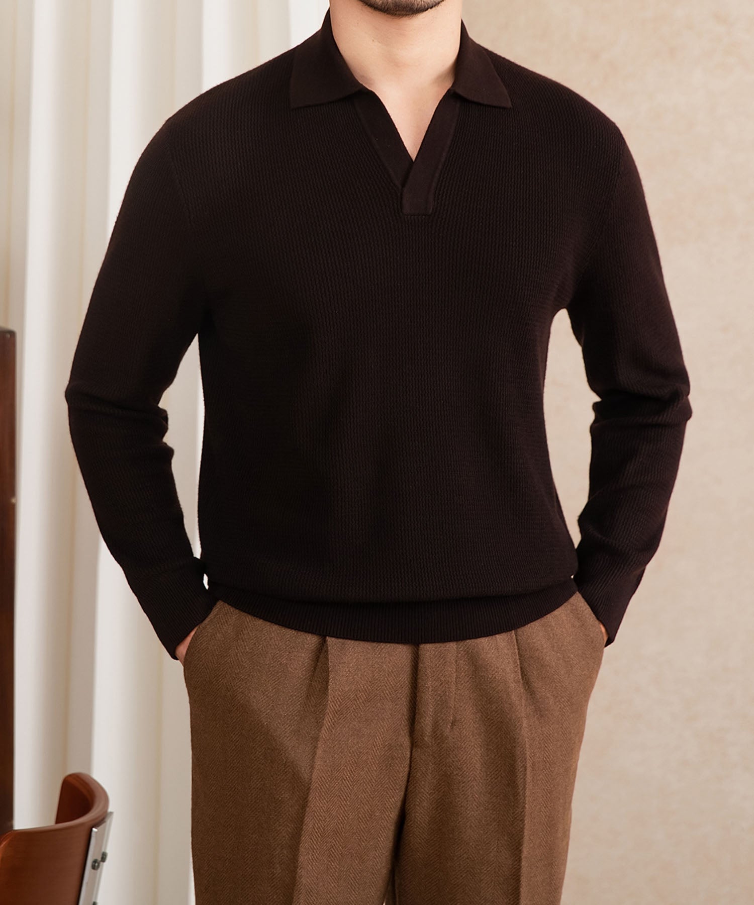 【NEW ITEM】スリムフィット 機能性抜群 襟付き 上品 シワになりにくい スマート トップス ロングスリーブ ポロ リブ ニット セーター