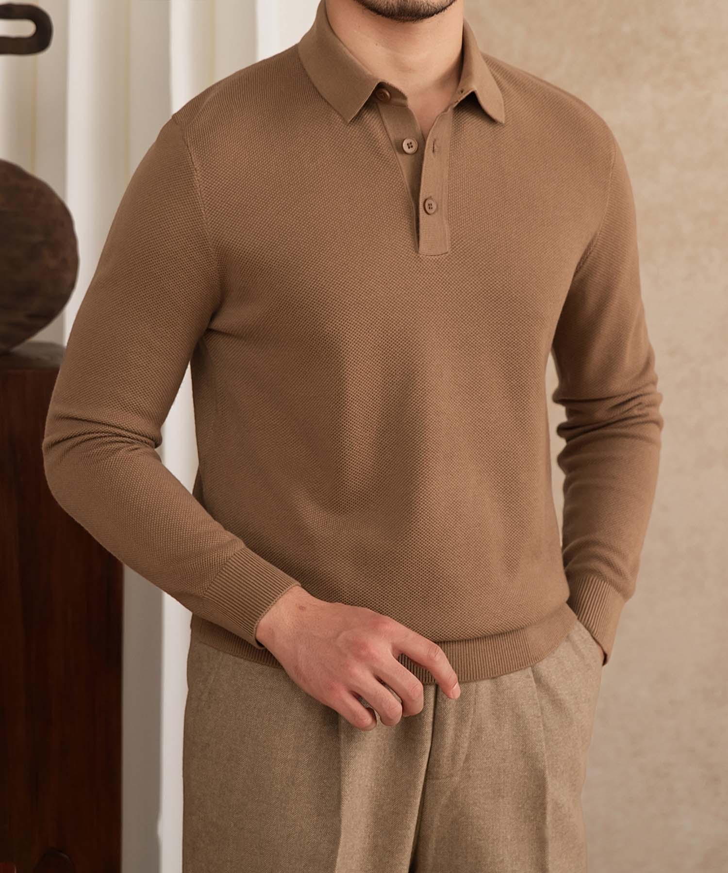 【COMING SOON】スリムフィット 機能性抜群 襟付き ミニマル シワになりにくい トップス ロングスリーブ ポロ リブ ニット セーター