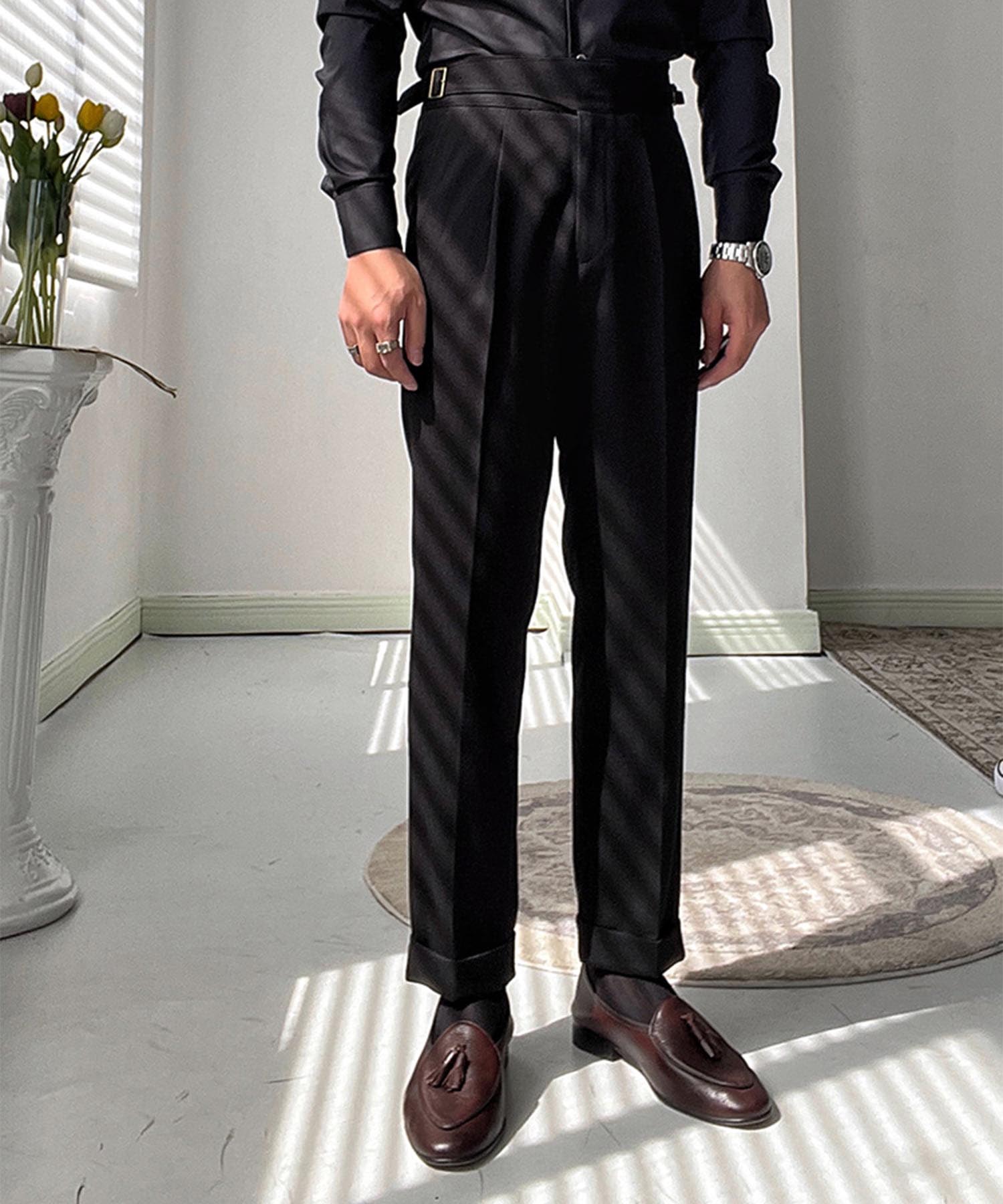 レギュラーフィット 両サイドベルト ラップウエスト サイズ調整可能 メンズ ストレート トラウザー パンツ シワになりにくい エレガント スラックス ズボン