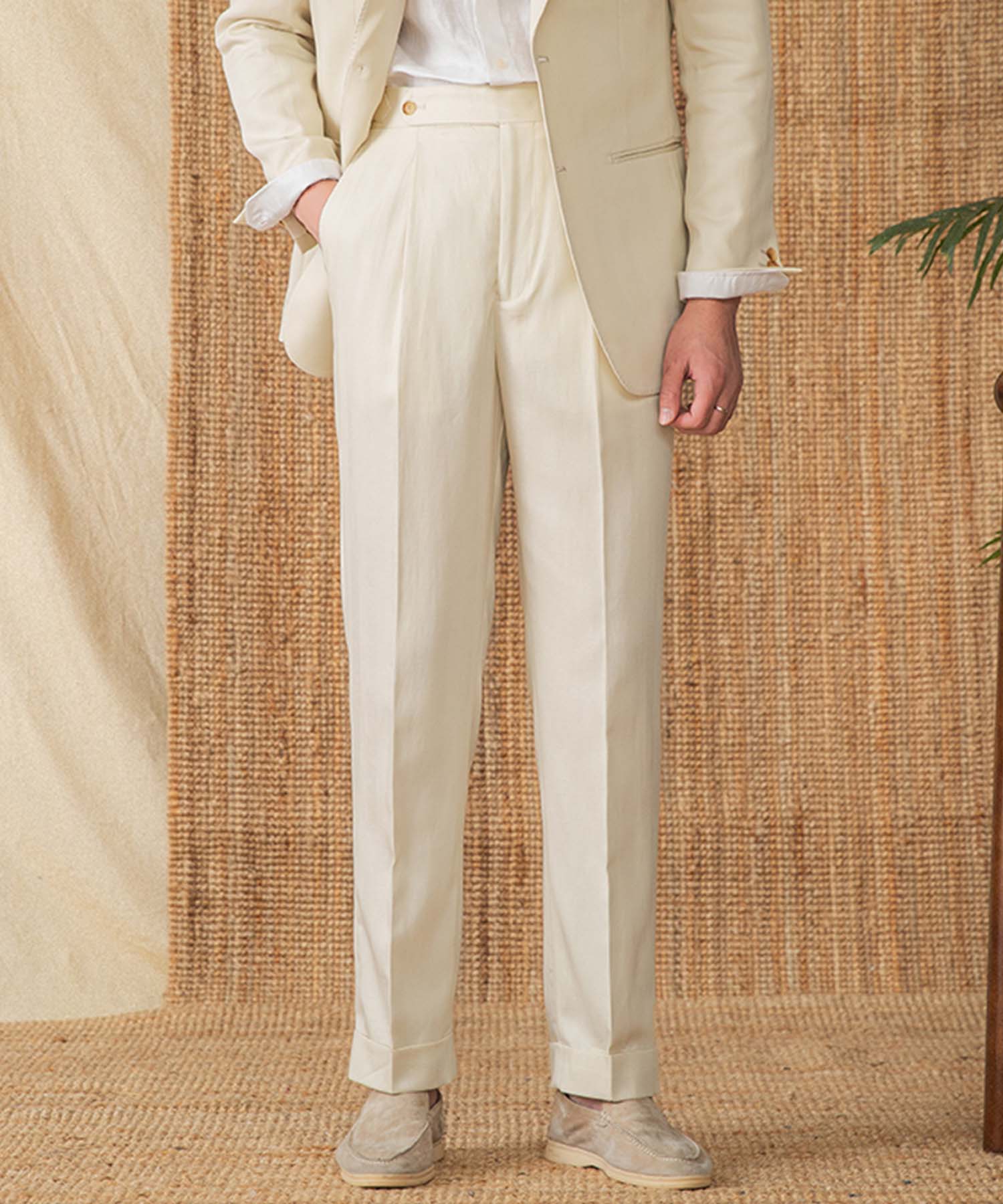 【NEW ITEM】レギュラーフィット 1つボタン ウエストサイドベルト サイズ調整可能 ストレート トラウザー パンツ シワになりにくい クラシック 麻 ダブル スラックス ズボン
