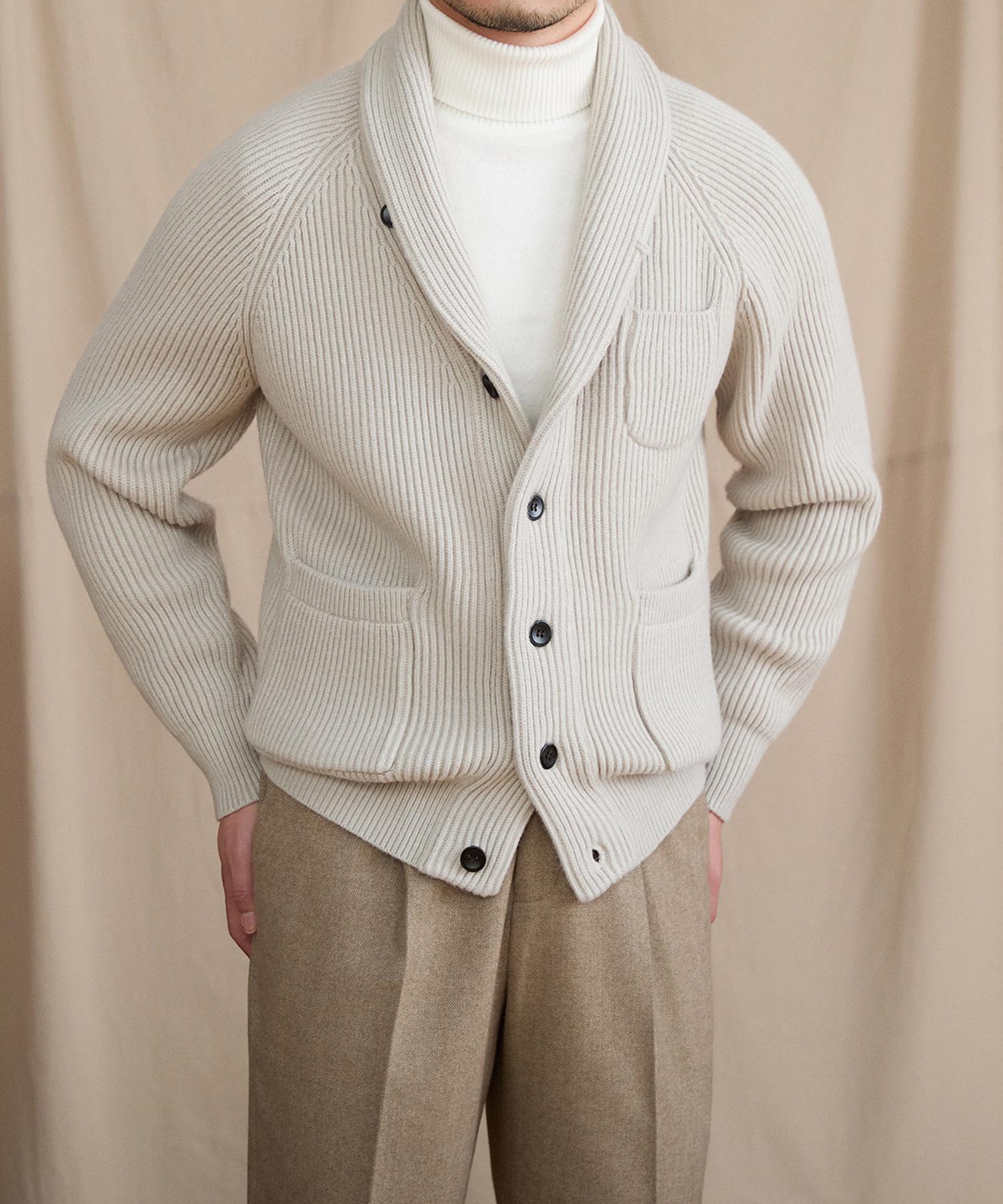 【NEW ITEM】スリムフィット 2WAY 機能性抜群 ウール 天然素材 ショールカラー ローゲージ シワになりにくい 清潔感 トップス リブ ニット セーター