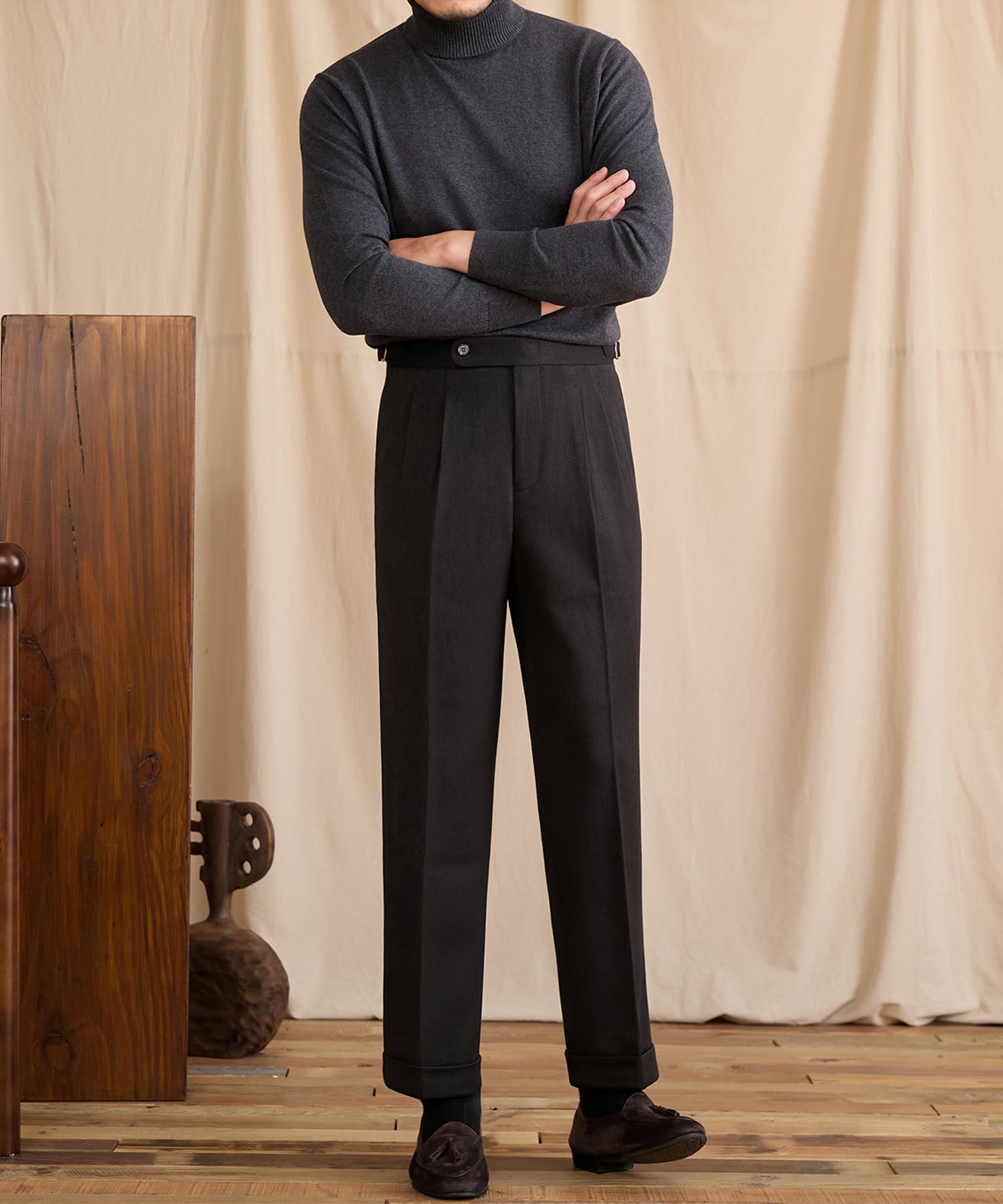 【NEW ITEM】スリムフィット 1つボタン ウエストサイドベルト サイズ調整可能 ウール ツータック クリース シワになりにくい ダブル トラウザー パンツ スラックス ズボン