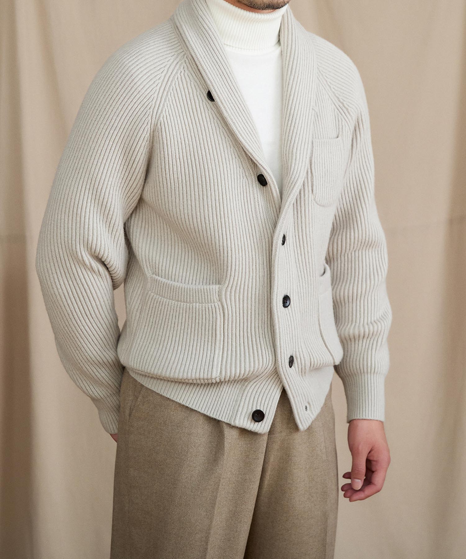 【NEW ITEM】スリムフィット 2WAY 機能性抜群 ウール 天然素材 ショールカラー ローゲージ シワになりにくい 清潔感 トップス リブ ニット セーター