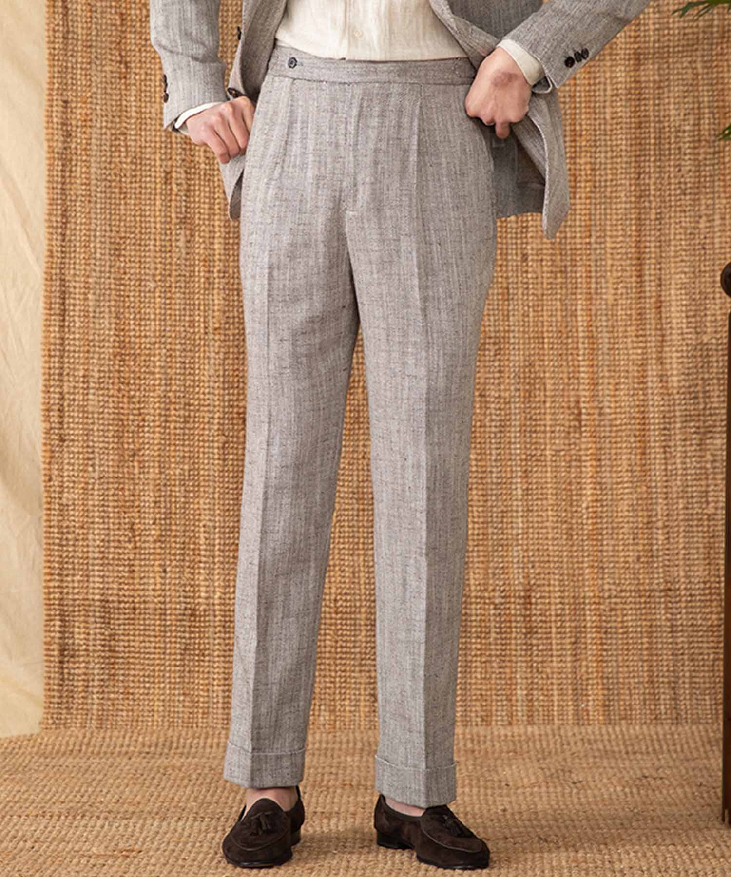 【NEW ITEM】レギュラーフィット 1つボタン ウエストサイドベルト サイズ調整可能 クリース トラウザー パンツ シワになりにくい 綿 麻 ダブル スラックス ズボン