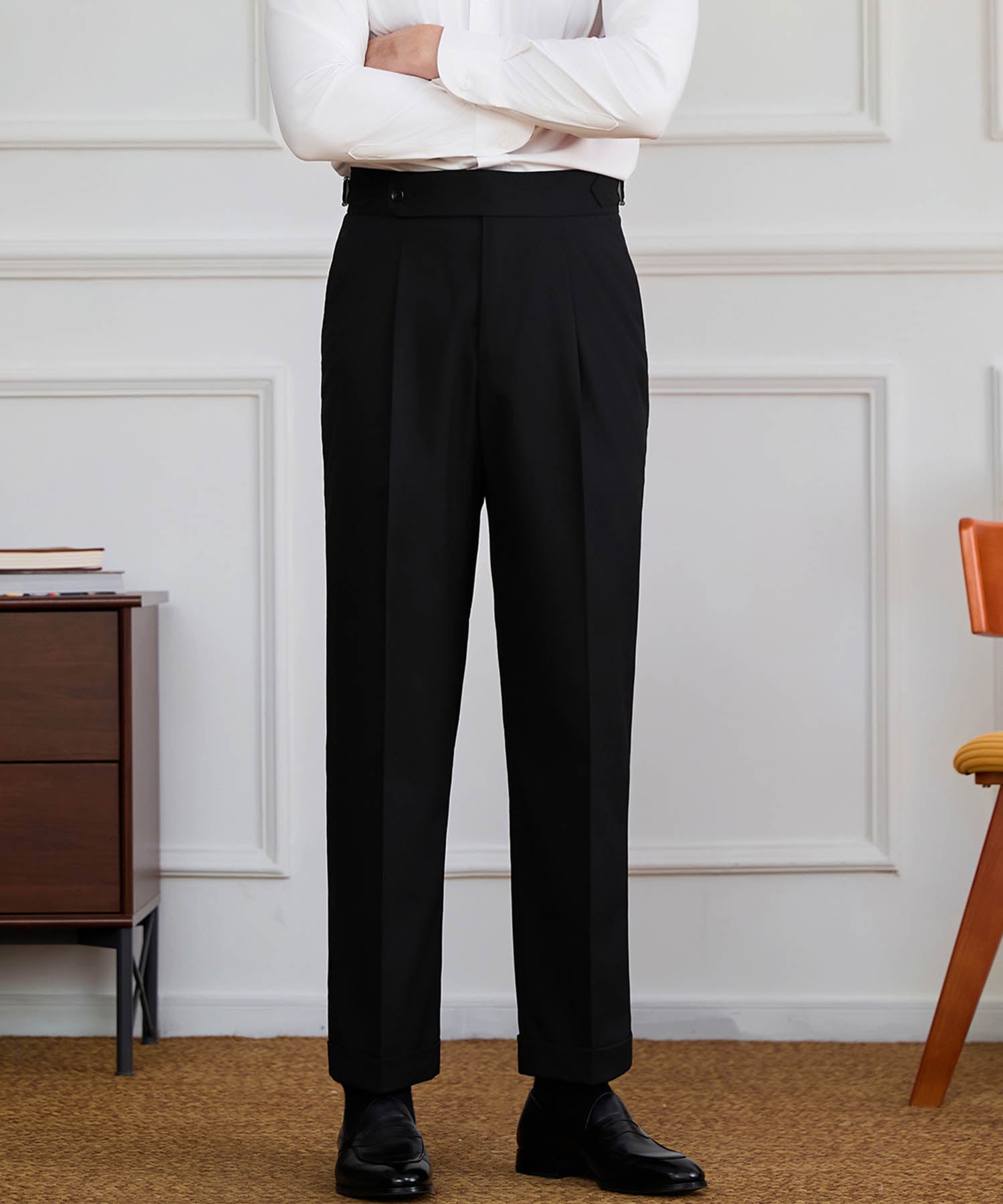 【NEW ITEM】スリムフィット 1つボタン ウエストサイドベルト ベルトレス サイズ調整可能 タック クリース シワになりにくい ダブル トラウザー パンツ スラックス ズボン