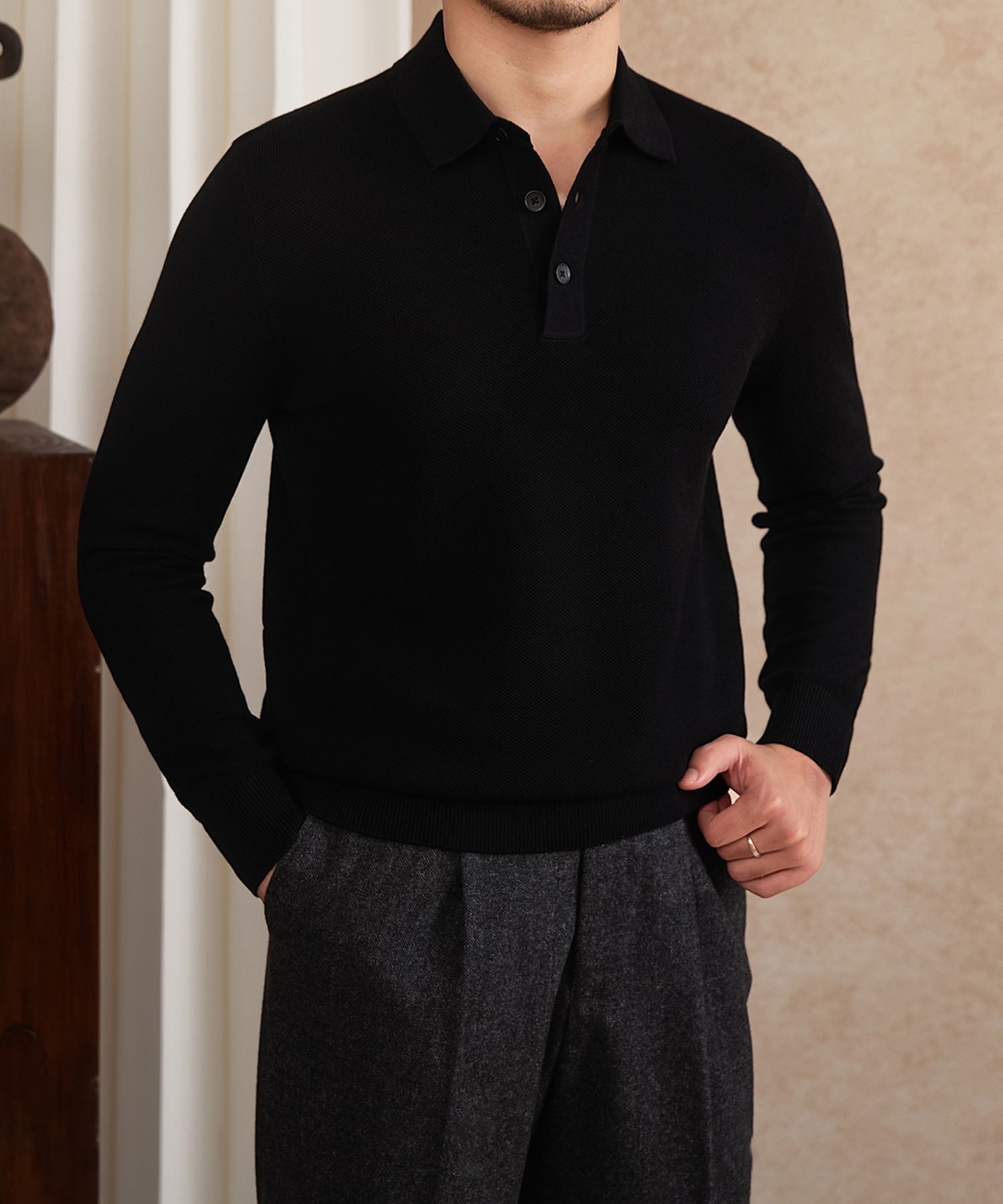 【COMING SOON】スリムフィット 機能性抜群 襟付き ミニマル シワになりにくい トップス ロングスリーブ ポロ リブ ニット セーター