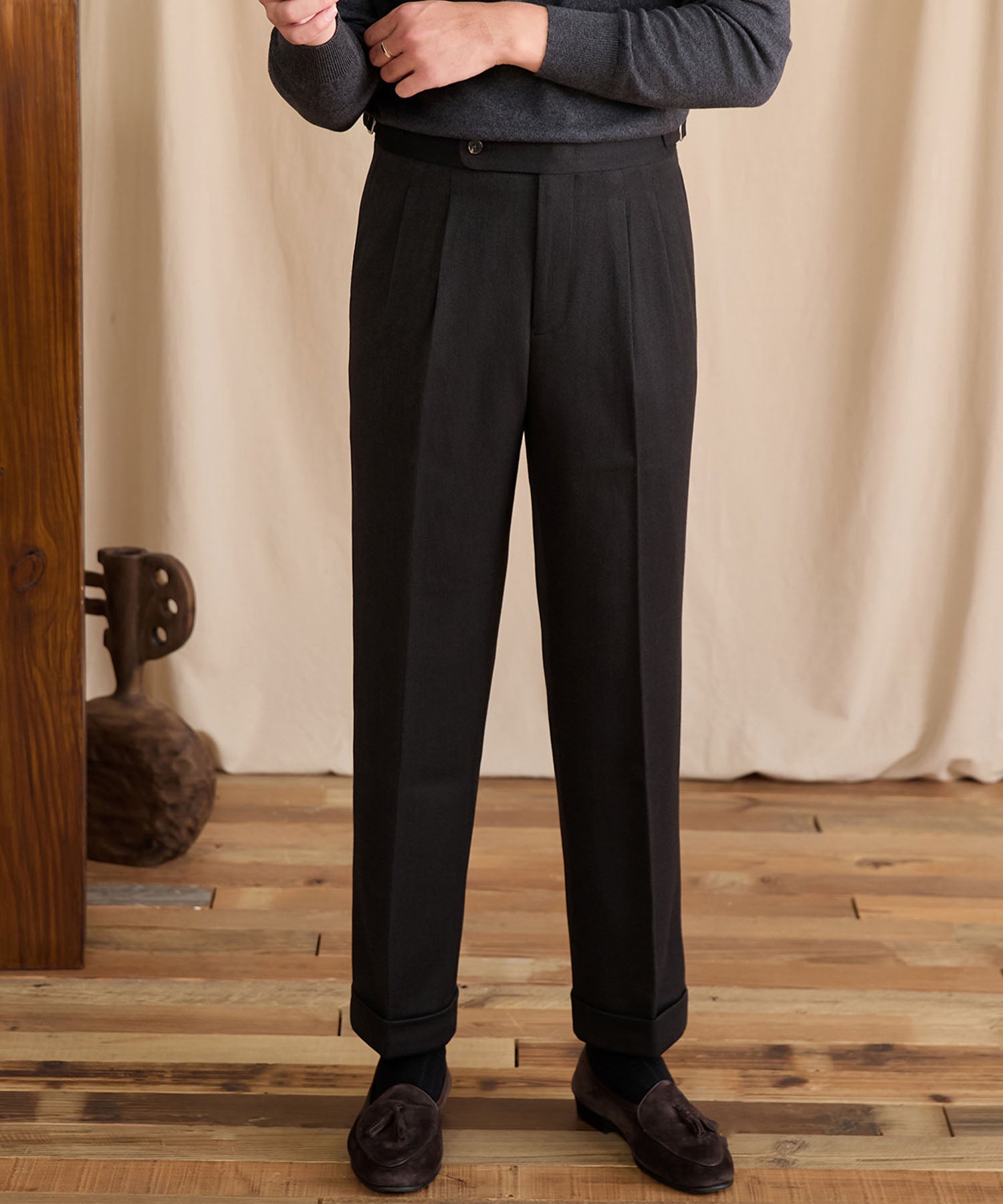 【NEW ITEM】スリムフィット 1つボタン ウエストサイドベルト サイズ調整可能 ウール ツータック クリース シワになりにくい ダブル トラウザー パンツ スラックス ズボン