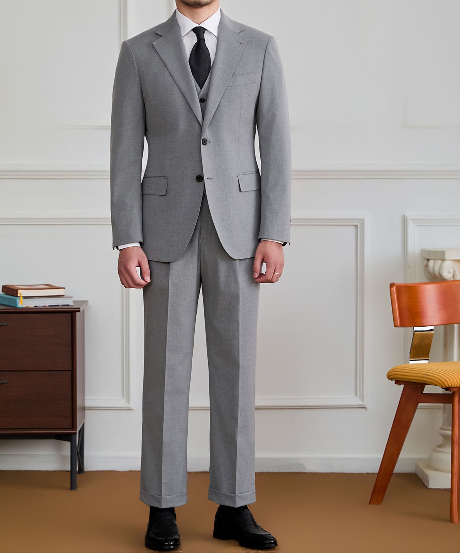 【NEW ITEM】スリムフィット シングルブレスト ノッチドラペル ベーシック スタンダード 機能性抜群 シワになりにくい エレガント スリーピース セットアップ