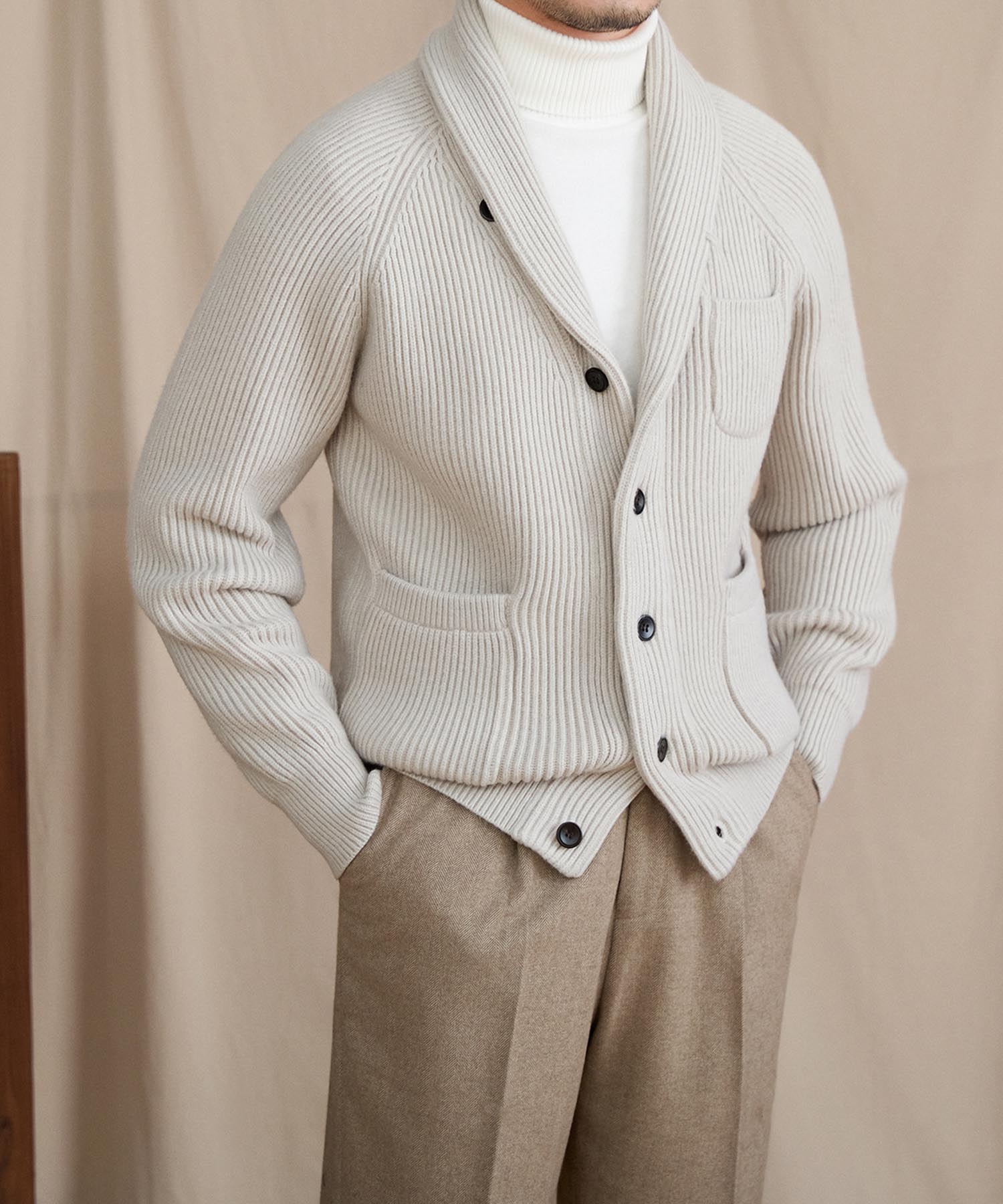 【NEW ITEM】スリムフィット 2WAY 機能性抜群 ウール 天然素材 ショールカラー ローゲージ シワになりにくい 清潔感 トップス リブ ニット セーター