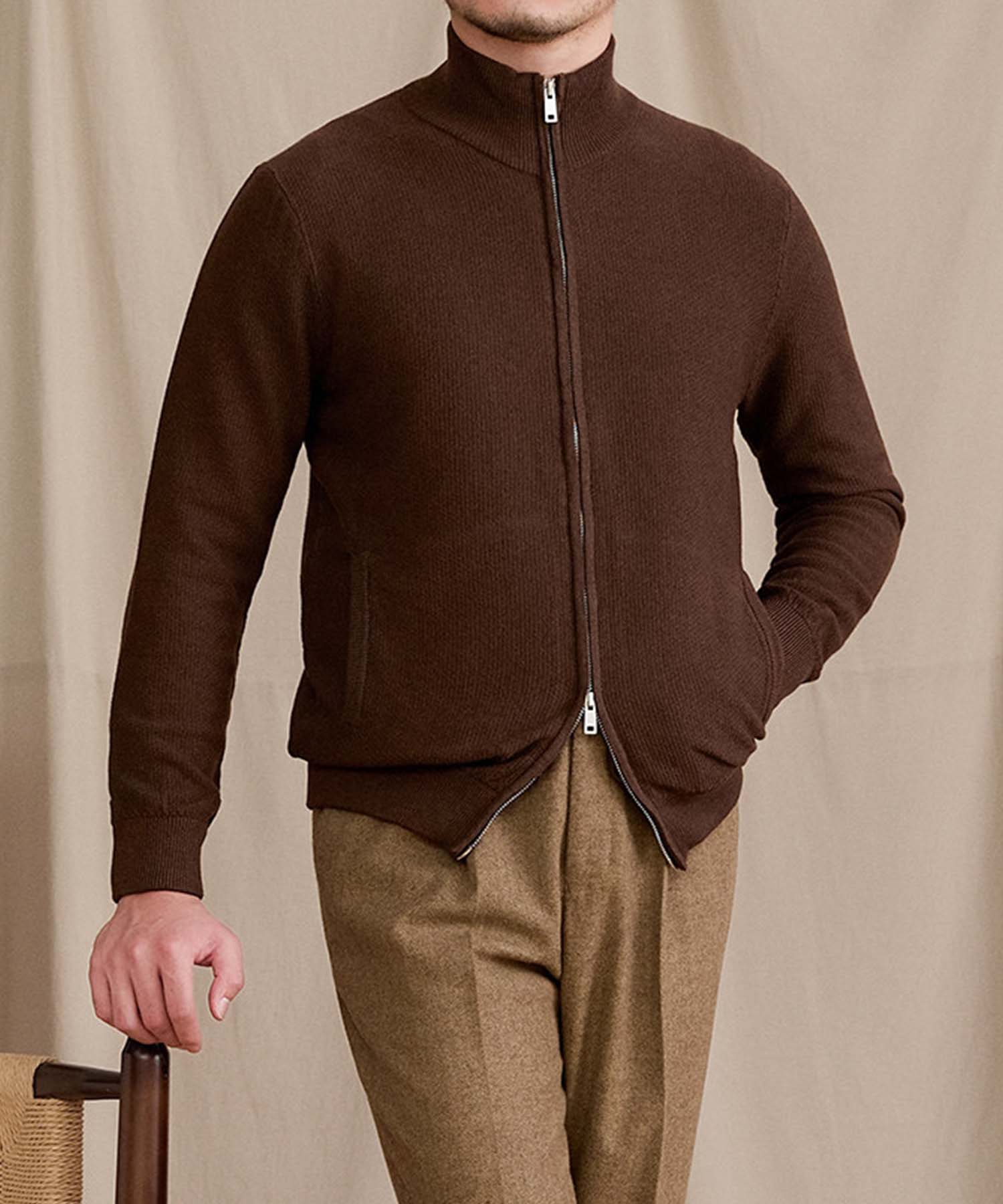 【NEW ITEM】スリムフィット 2WAY 機能性抜群 ウール 天然素材 オープン ジップ ハイゲージ シワになりにくい 清潔感 トップス リブ ニット セーター