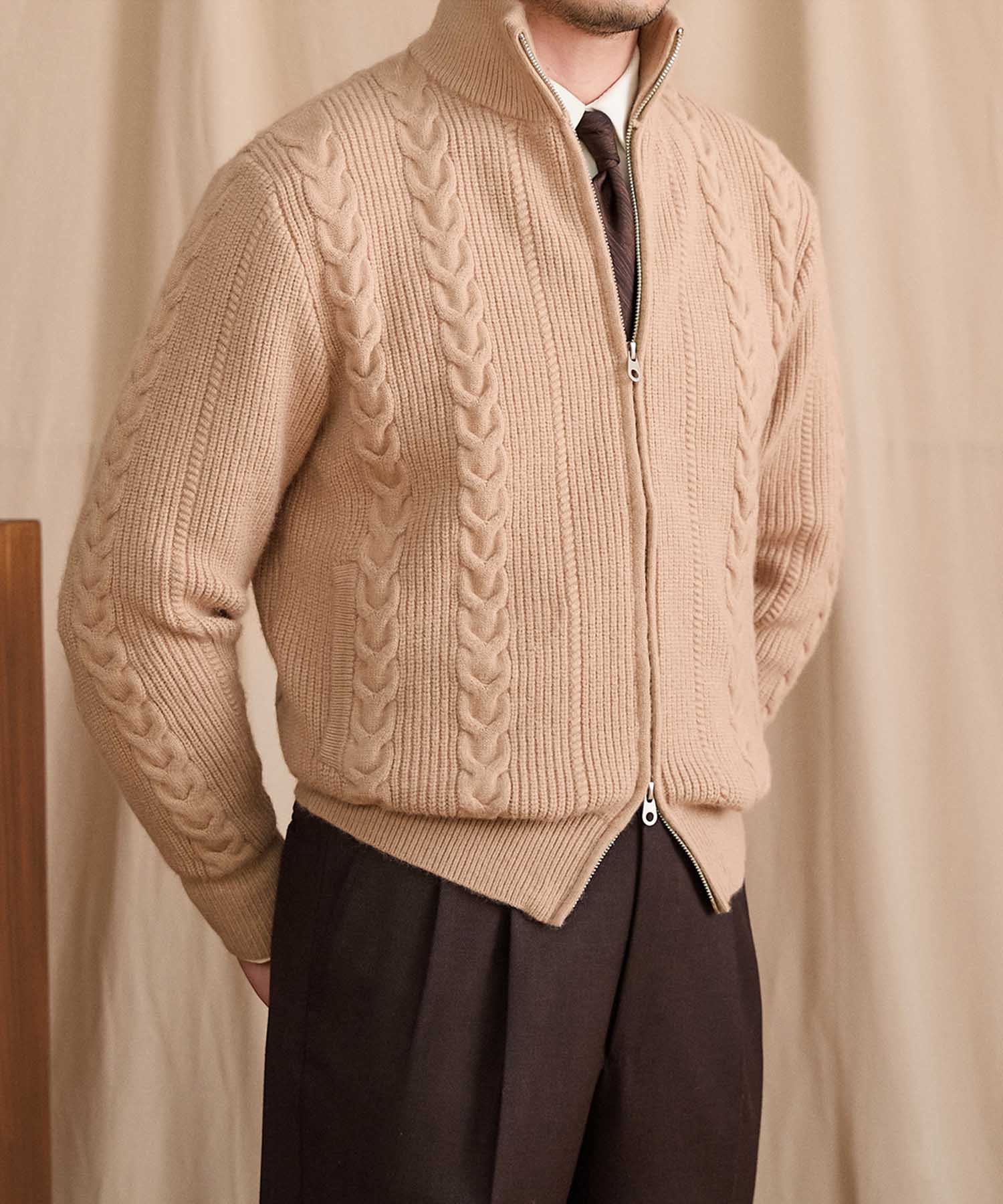 【COMING SOON】スリムフィット 2WAY 機能性抜群 オープン ジップ ケーブル編み シワになりにくい 清潔感 トップス リブ ニット セーター