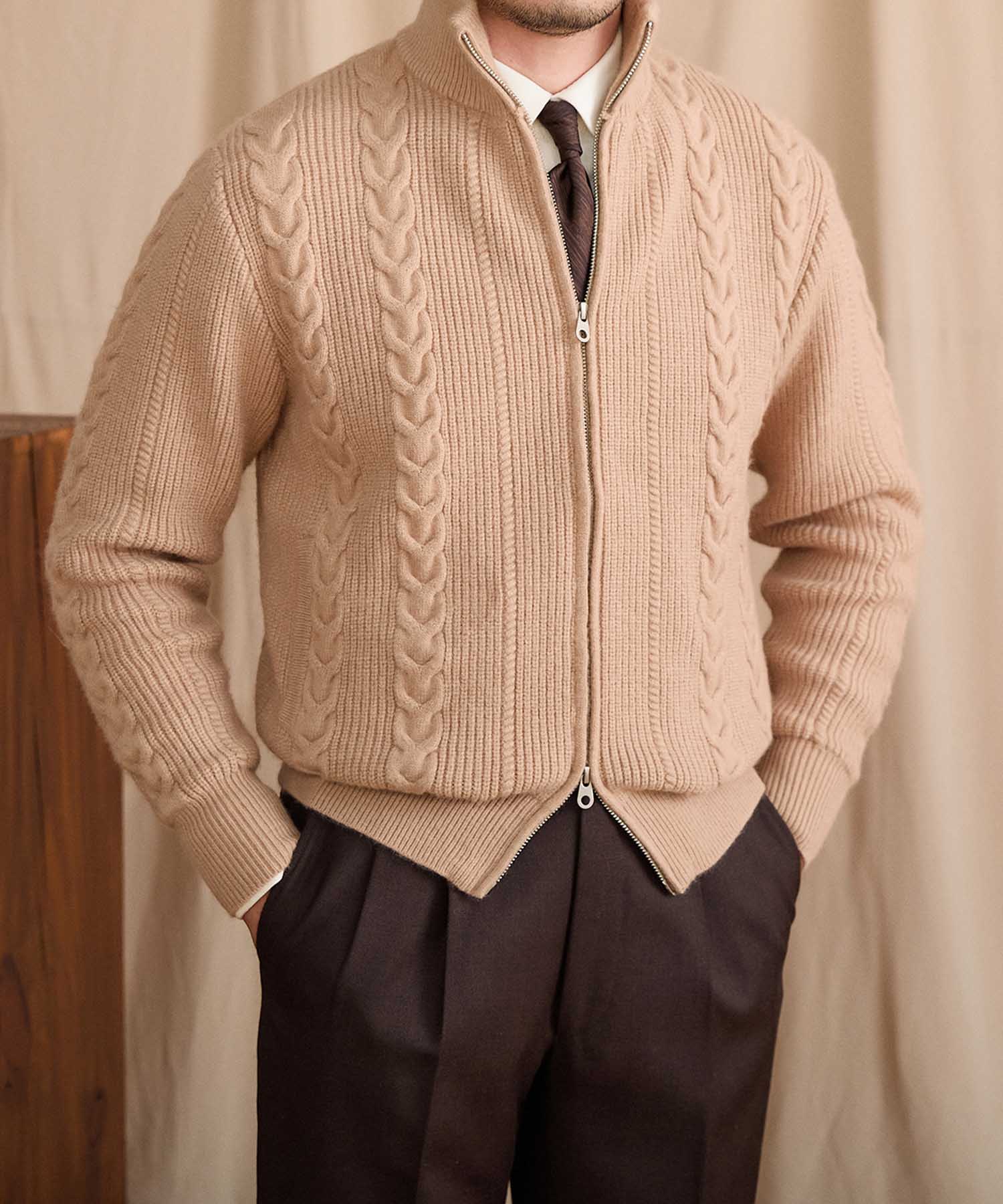 【COMING SOON】スリムフィット 2WAY 機能性抜群 オープン ジップ ケーブル編み シワになりにくい 清潔感 トップス リブ ニット セーター