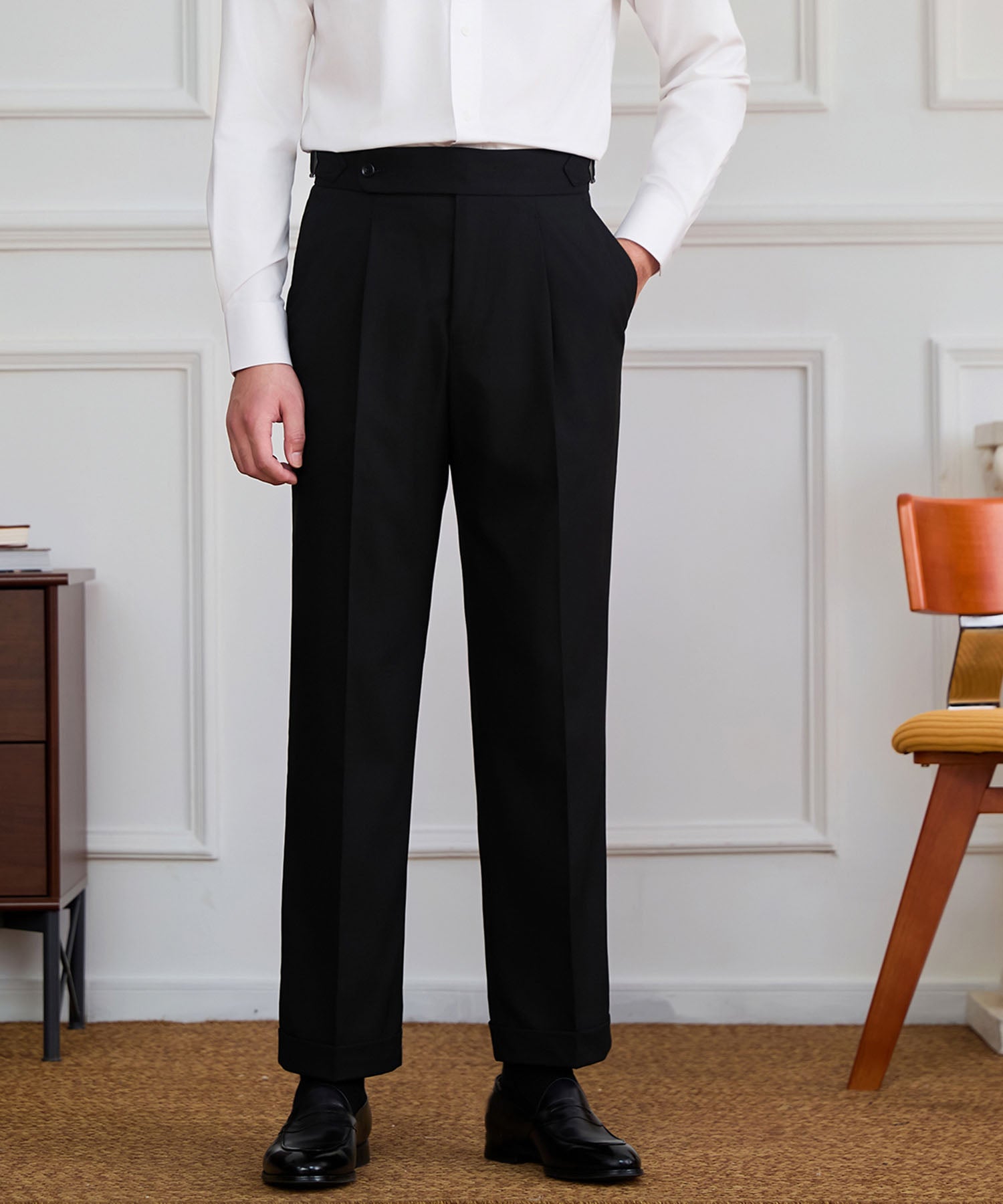 【NEW ITEM】スリムフィット 1つボタン ウエストサイドベルト ベルトレス サイズ調整可能 タック クリース シワになりにくい ダブル トラウザー パンツ スラックス ズボン