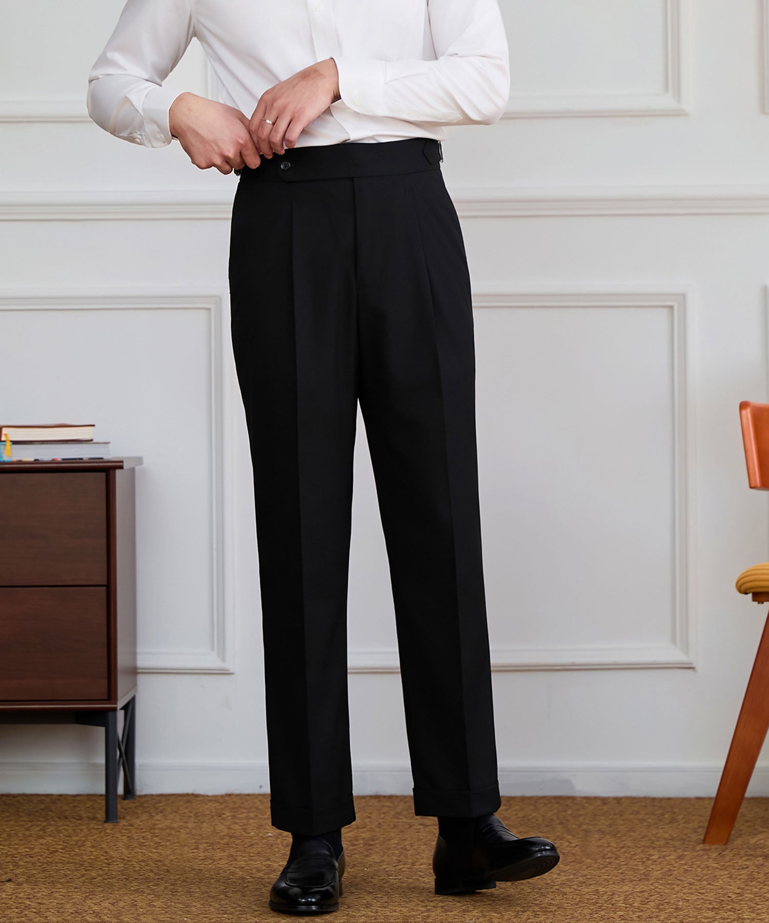 【NEW ITEM】スリムフィット 1つボタン ウエストサイドベルト ベルトレス サイズ調整可能 タック クリース シワになりにくい ダブル トラウザー パンツ スラックス ズボン