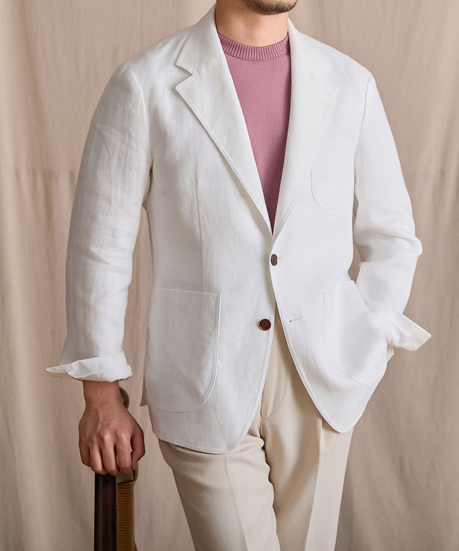 【NEW ITEM】スリムフィット シングルブレスト 2つボタン リネン 天然素材 ノッチドラペル パッチポケット クラシック スタンダード 機能性抜群 シワになりにくい エレガント テーラード ジャケット