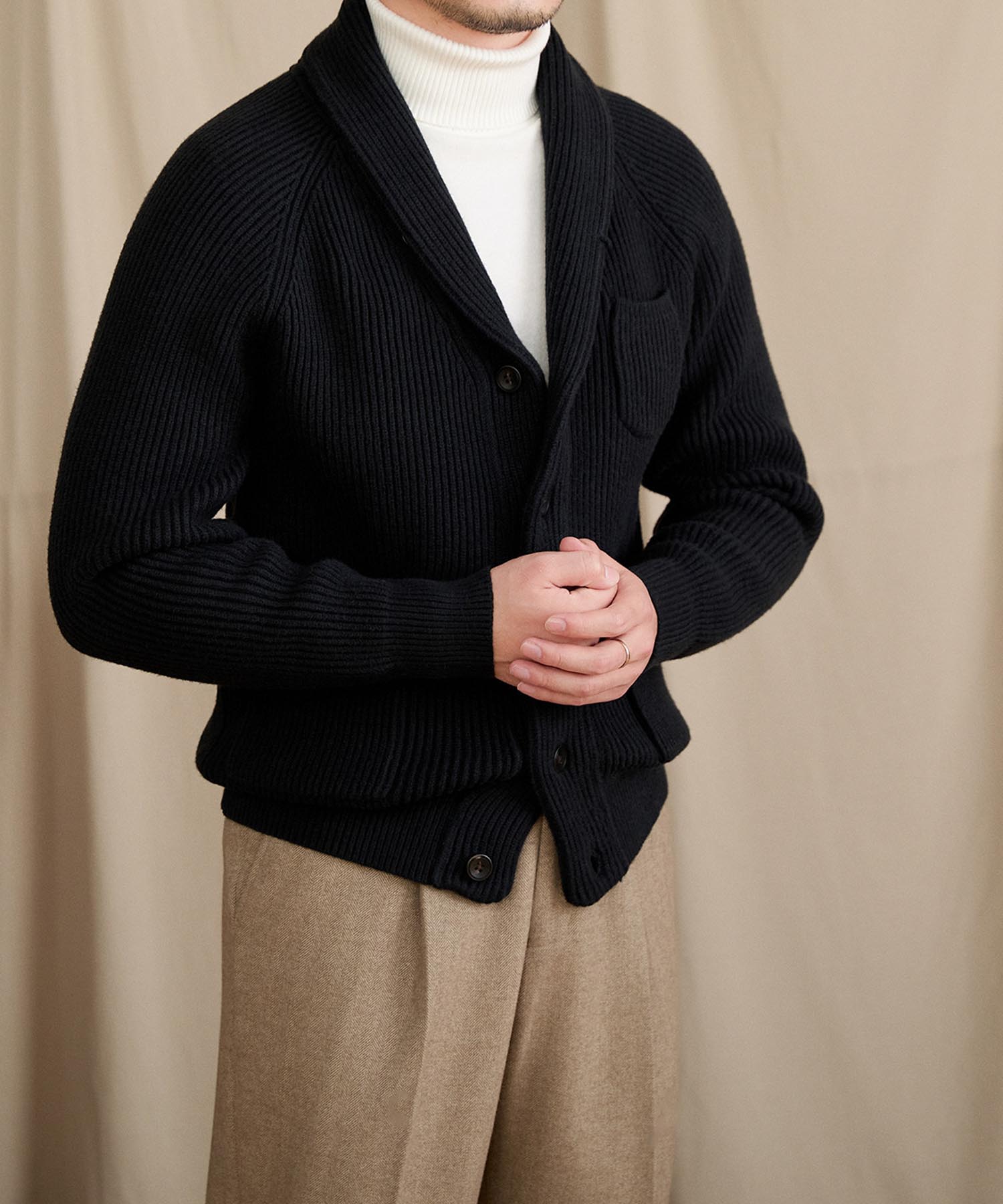 【NEW ITEM】スリムフィット 2WAY 機能性抜群 ウール 天然素材 ショールカラー ローゲージ シワになりにくい 清潔感 トップス リブ ニット セーター