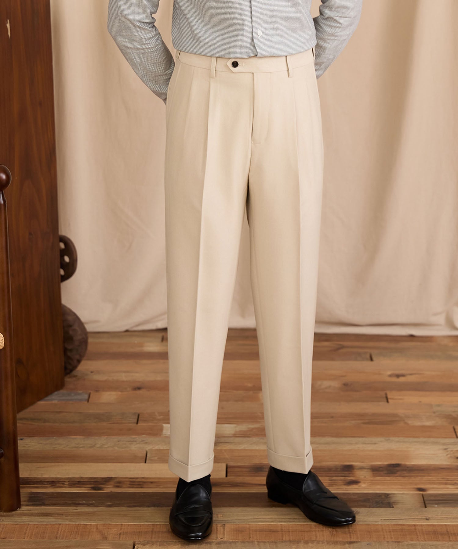 【NEW ITEM】レギュラーフィット 1つボタン ツータック クリース シワになりにくい モダン クラシック ダブル トラウザー パンツ スラックス ズボン
