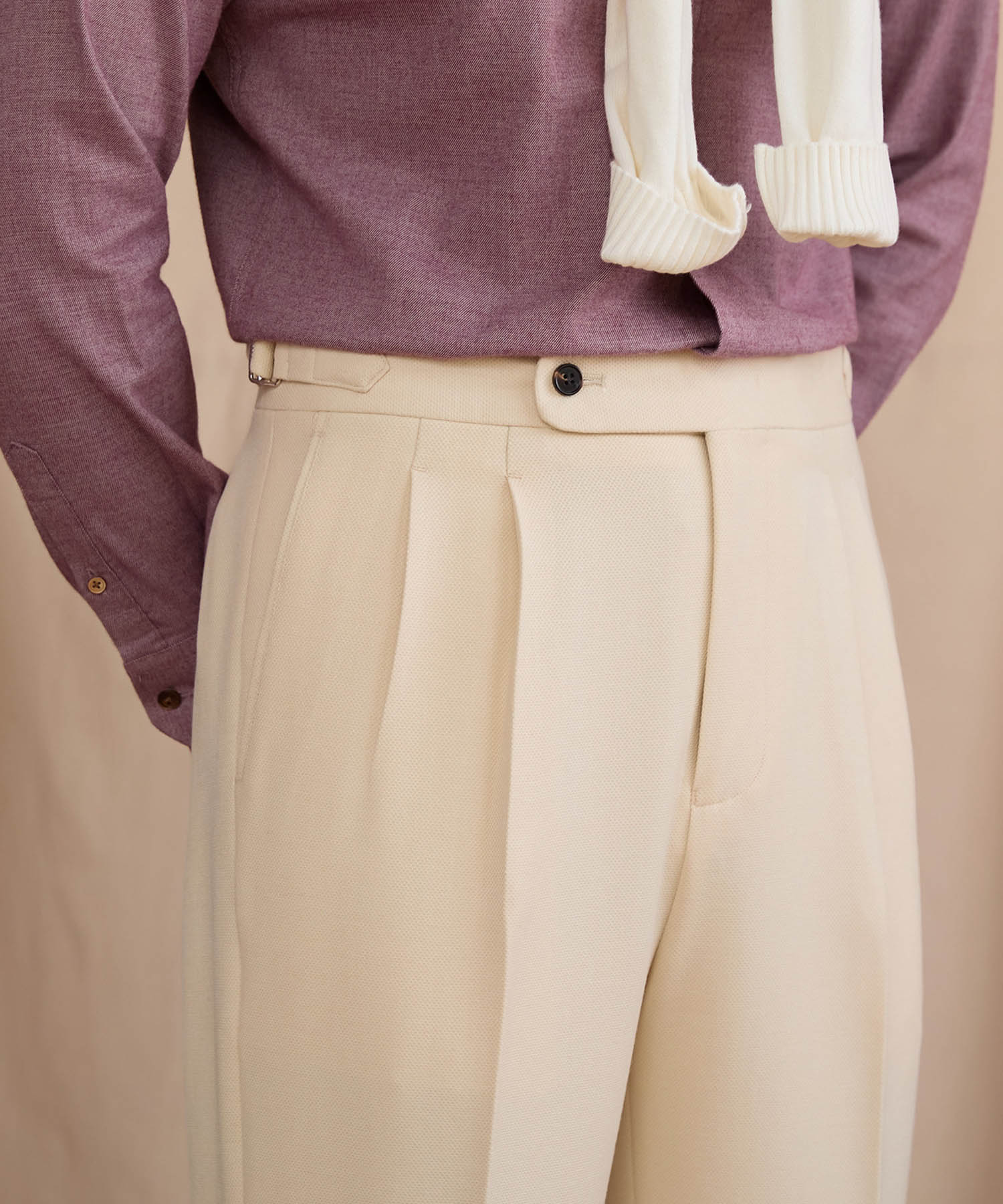 【NEW ITEM】レギュラーフィット 1つボタン 綿 ウール 天然素材 ウエストサイドベルト サイズ調整可能 ツータック クリース シワになりにくい クラシック スタンダード ダブル トラウザー パンツ スラックス ズボン