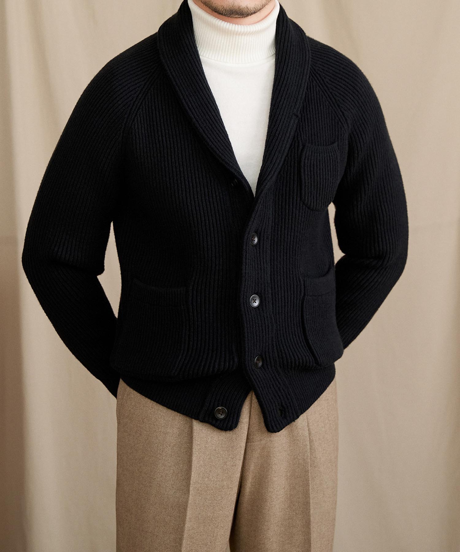 【NEW ITEM】スリムフィット 2WAY 機能性抜群 ウール 天然素材 ショールカラー ローゲージ シワになりにくい 清潔感 トップス リブ ニット セーター