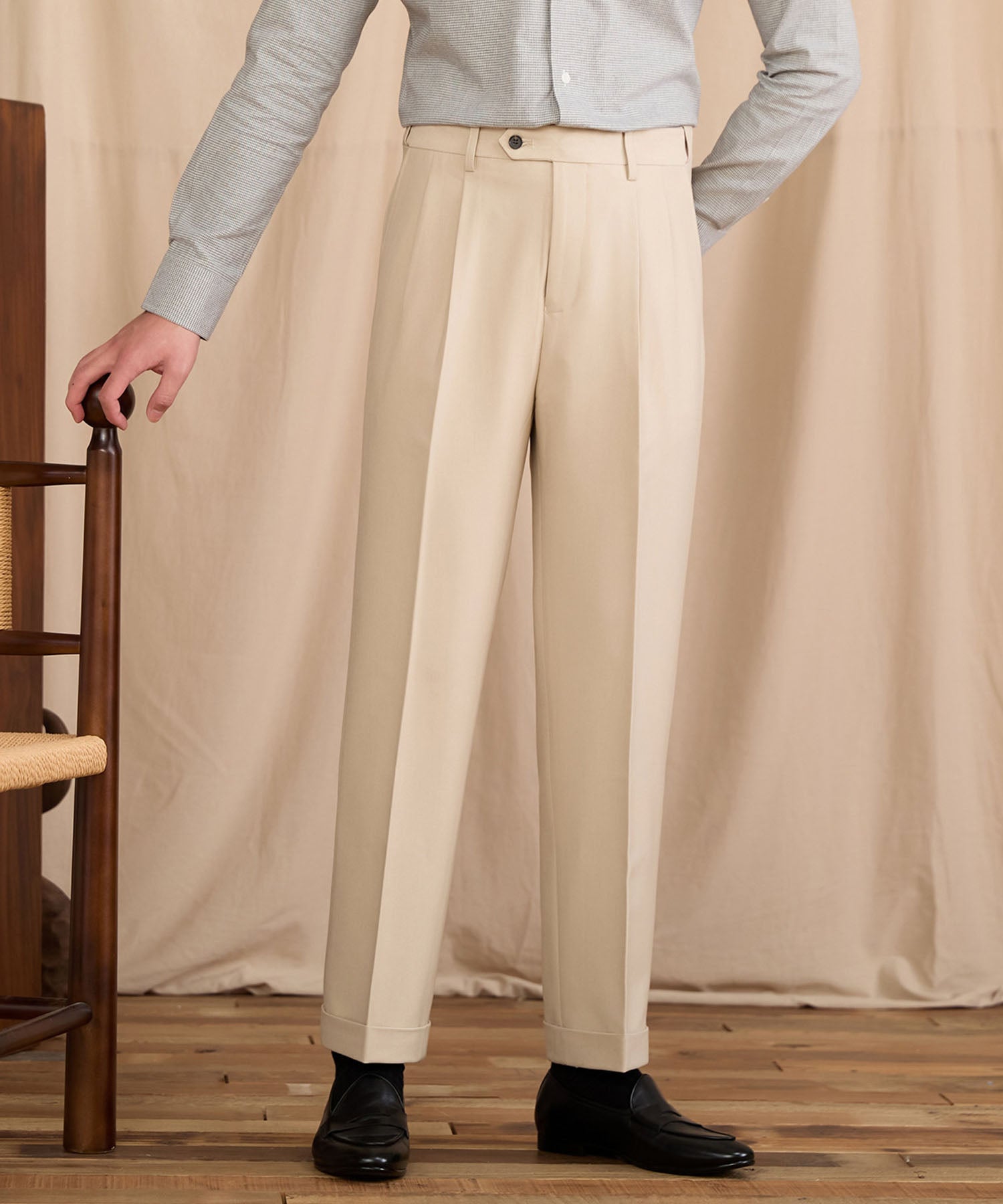 【NEW ITEM】レギュラーフィット 1つボタン ツータック クリース シワになりにくい モダン クラシック ダブル トラウザー パンツ スラックス ズボン
