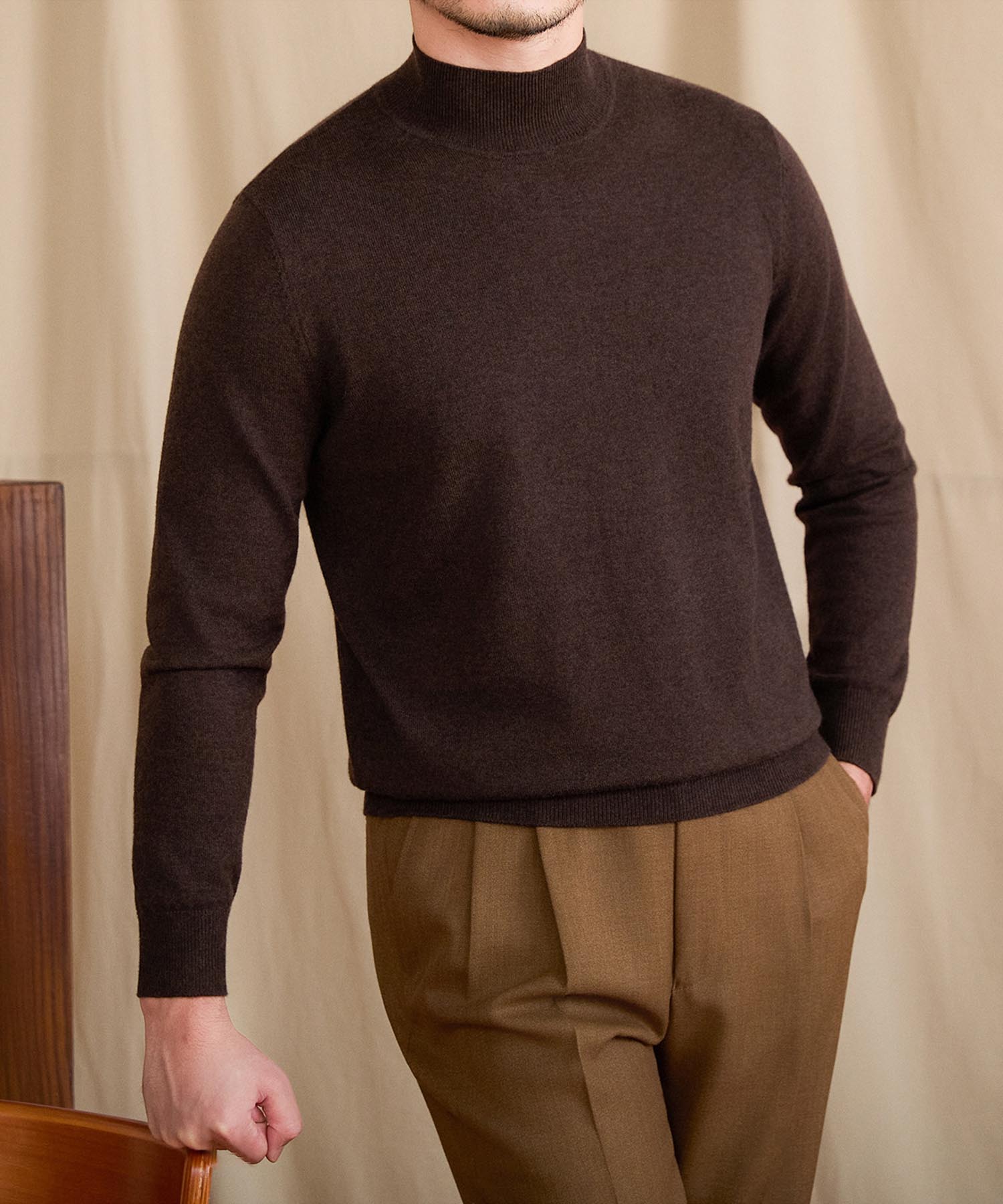 【NEW ITEM】スリムフィット リブ ニット ウール 天然素材 ベーシック 機能性抜群 シワになりにくい モックネック ハイネック ロングスリーブ ニット セーター